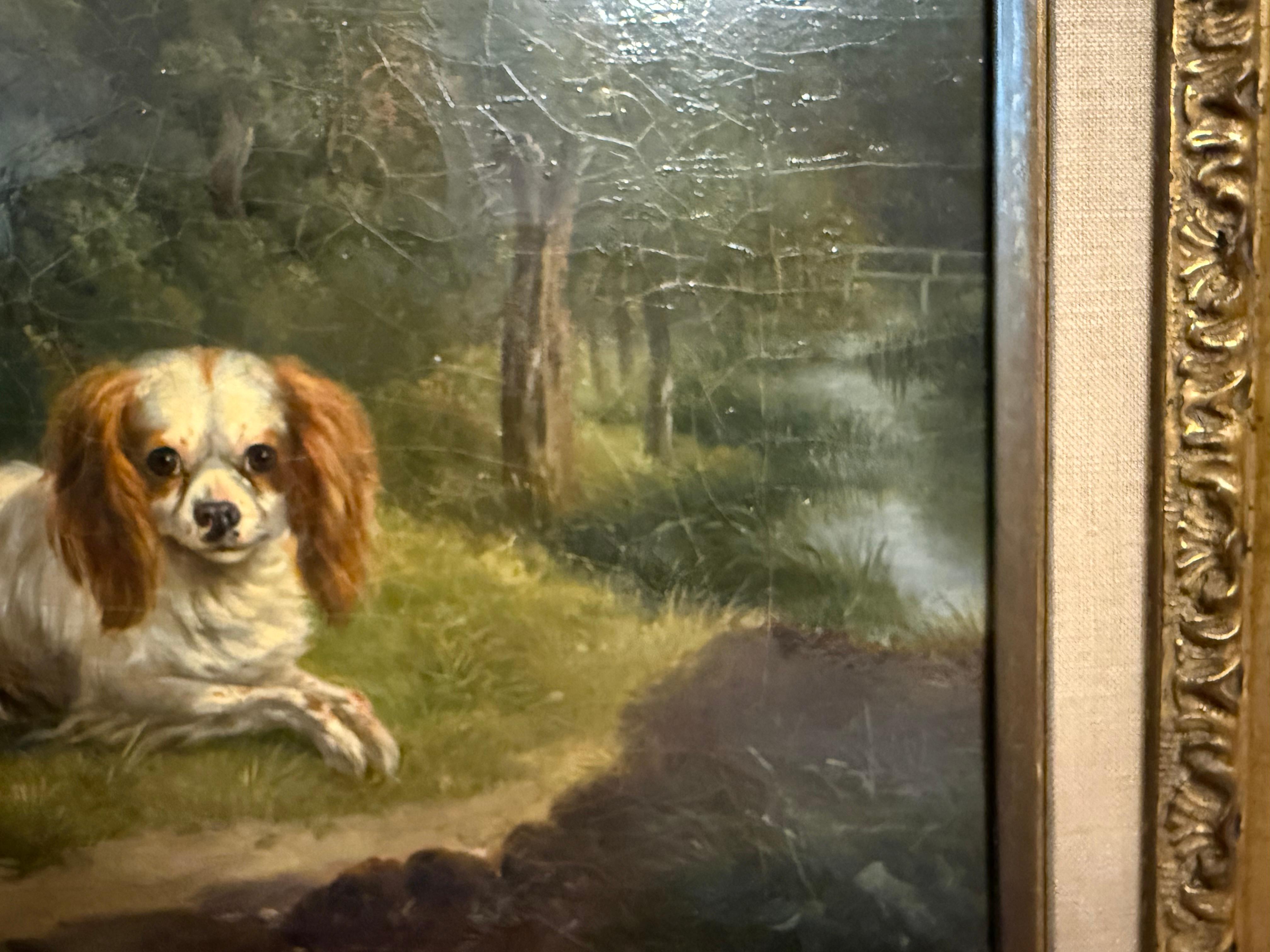 King Charles Spaniels aus den 1820er bis 1850er Jahren ist ein charmantes und reizvolles Ölgemälde auf Leinwand des niederländischen Künstlers Abraham Hendrick Winter (1800-1861), der für seine Tier- und Landschaftsbilder bekannt ist. In einer