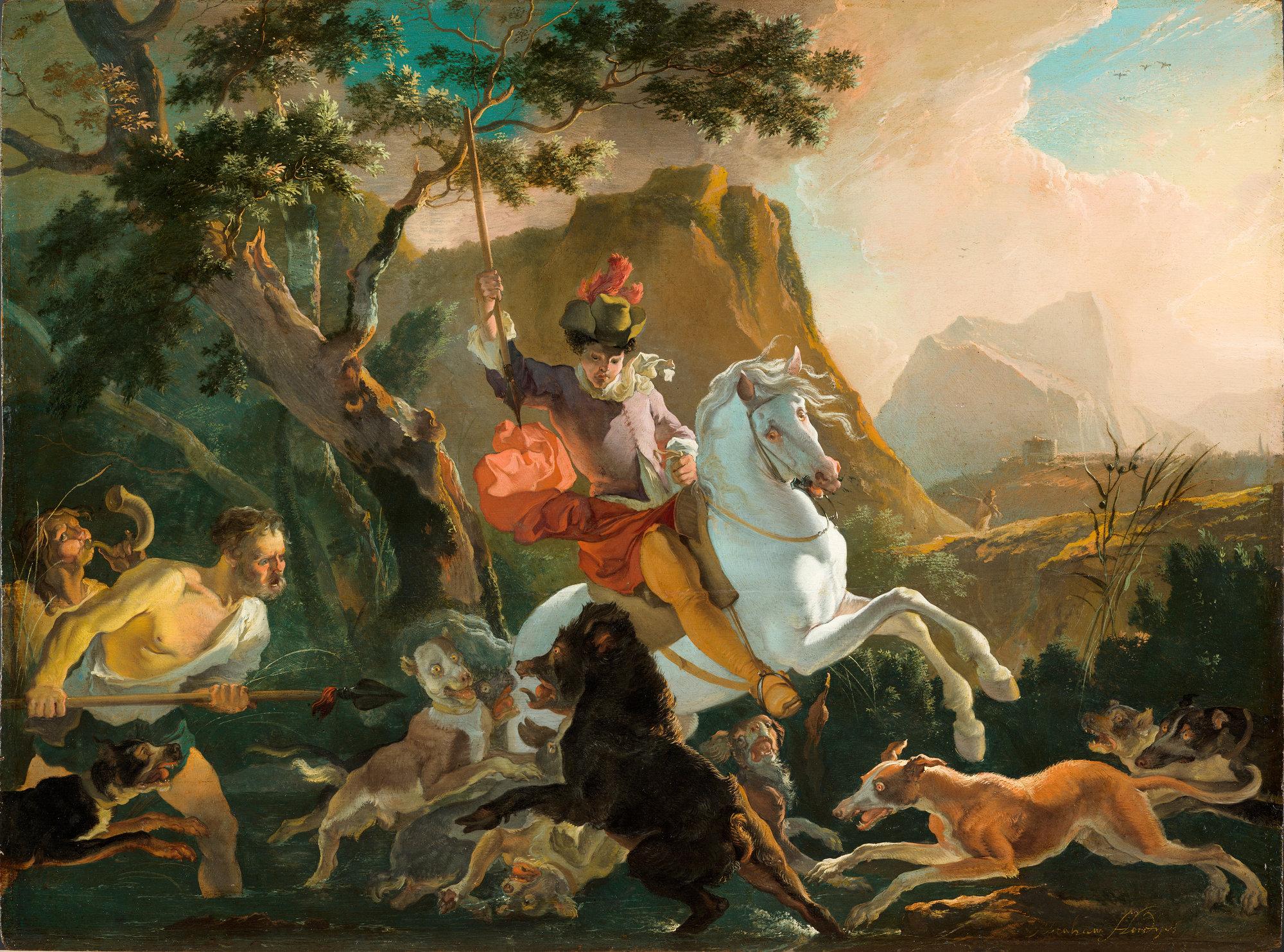 Wildschweinjagd – Painting von Abraham Hondius