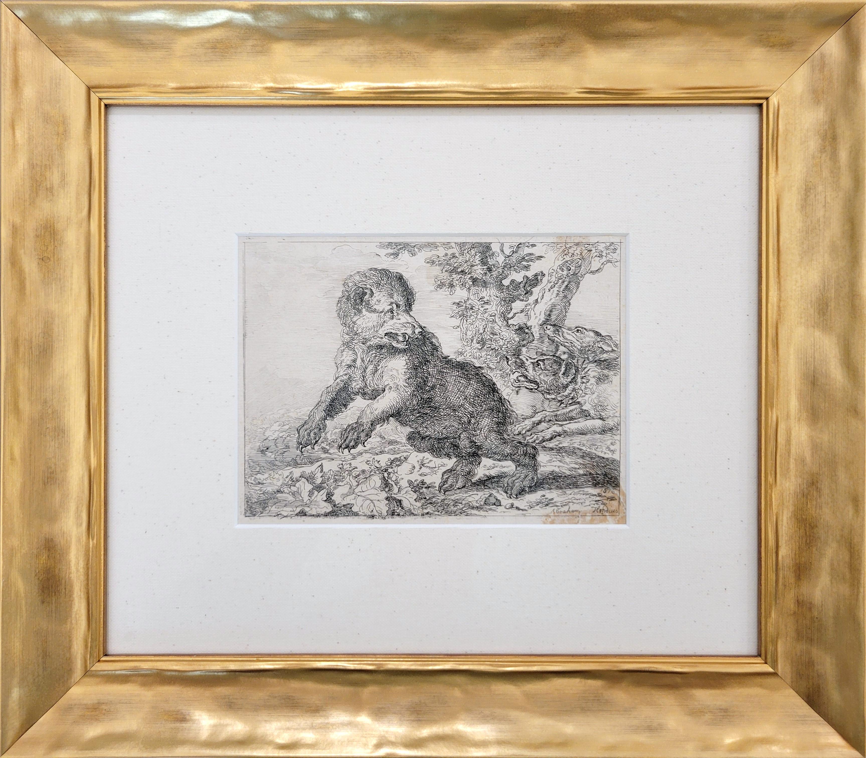 Honden Jagen Op Een Beer (Hounds Hunting a Bear) /// Paysage de vieux maîtres chiens - Maîtres anciens Print par Abraham Hondius