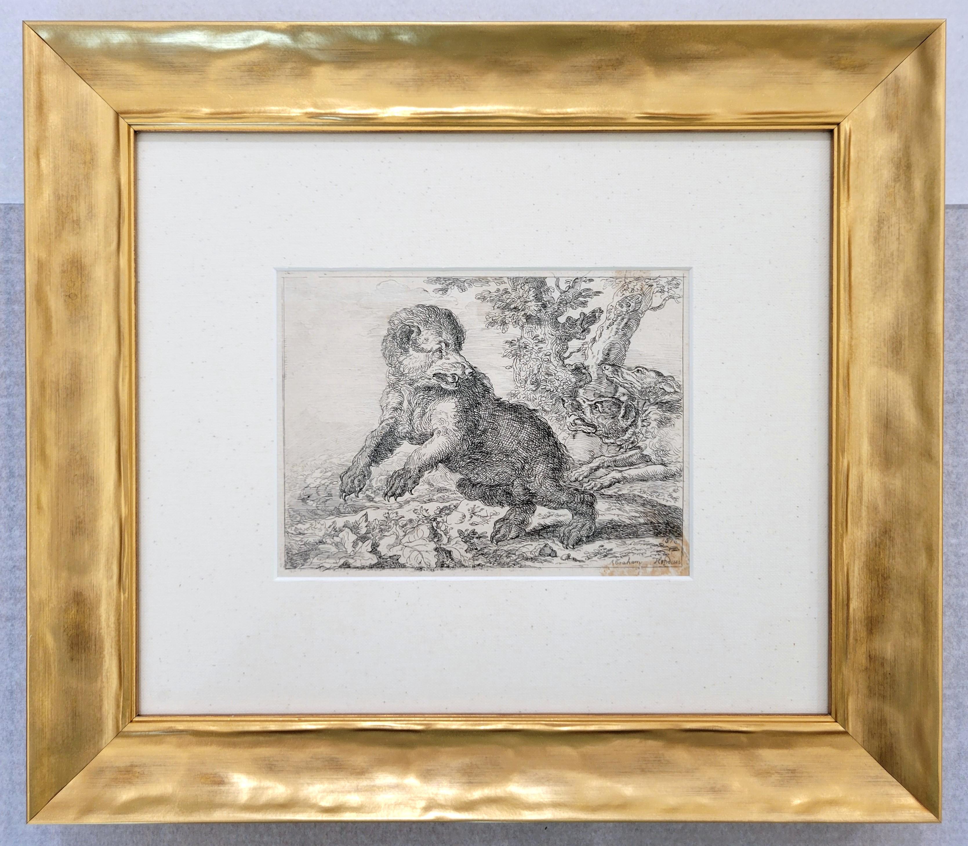 Honden Jagen Op Een Beer (Hounds Hunting a Bear) /// Paysage de vieux maîtres chiens - Gris Animal Print par Abraham Hondius