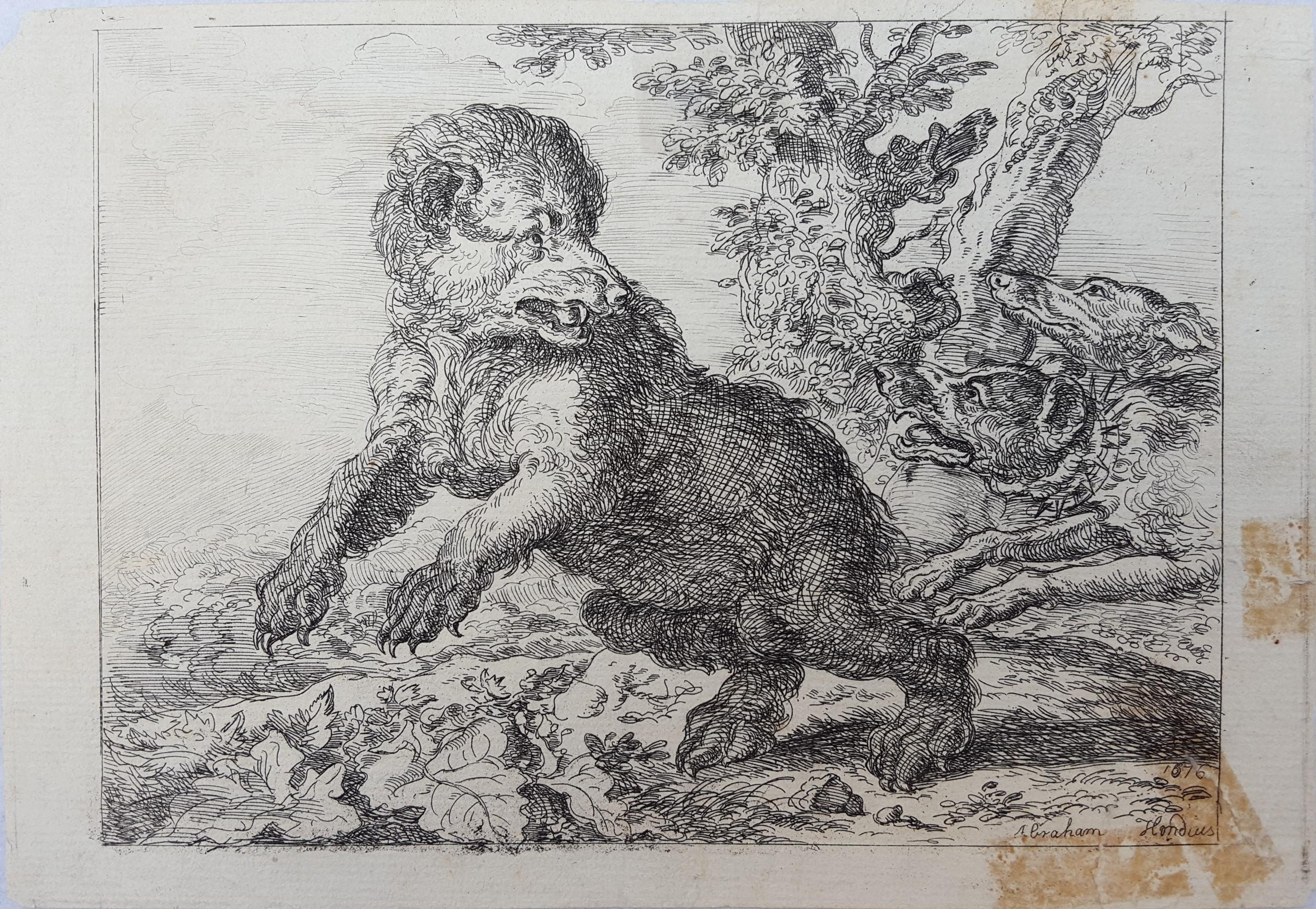 Honden Jagen Op Een Beer (Hounds Hunting a Bear) /// Paysage de vieux maîtres chiens - Print de Abraham Hondius