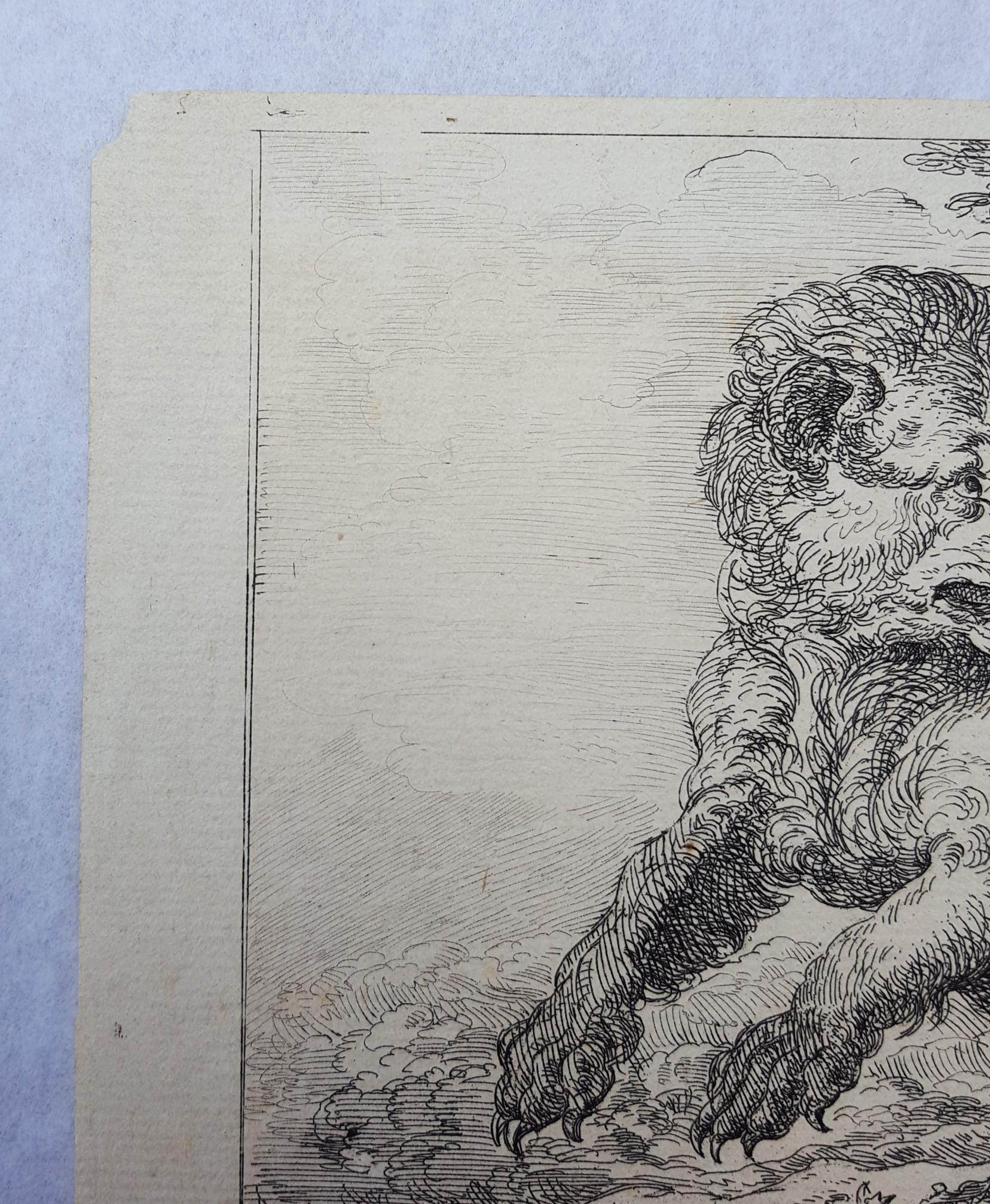 Honden Jagen Op Een Beer (Hounds Hunting a Bear) /// Paysage de vieux maîtres chiens - Gris Animal Print par Abraham Hondius