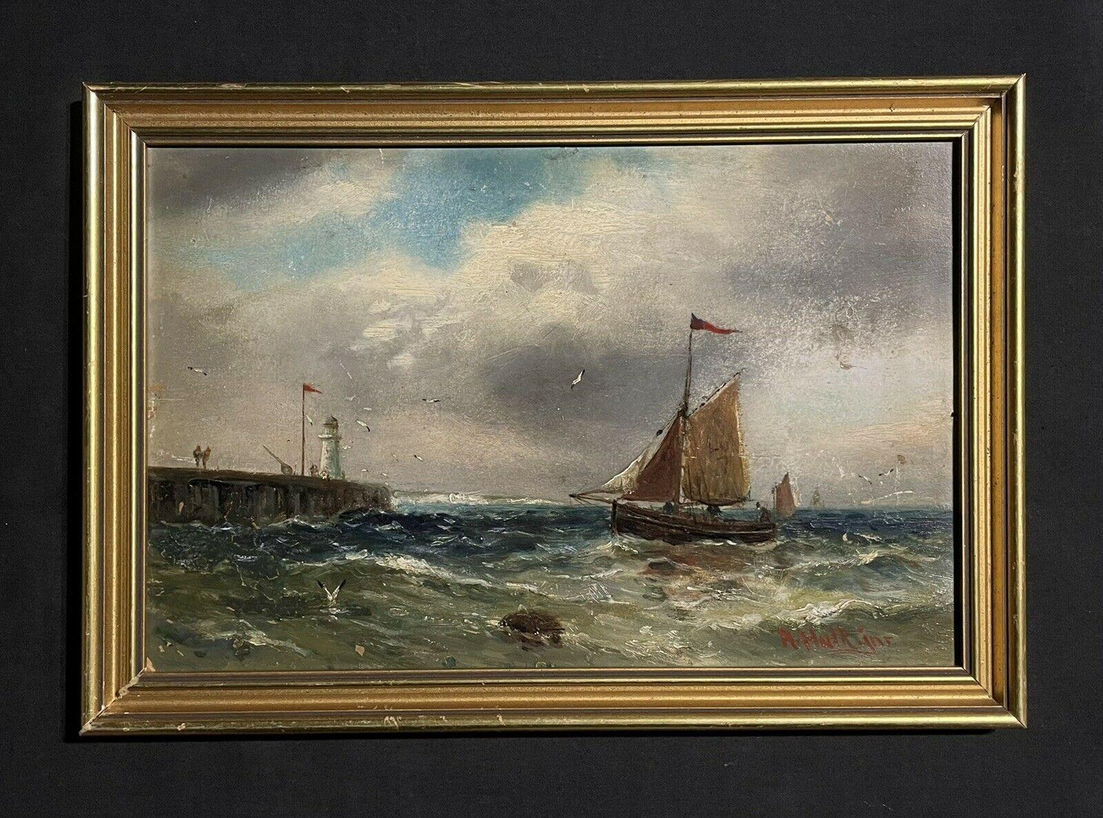 Peinture à l'huile de la marine britannique victorienne, bateau de pêche au large d'un joyau dans des eaux tempérées - Painting de Abraham Hulk jnr 1851 - 1922