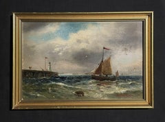 Peinture à l'huile de la marine britannique victorienne, bateau de pêche au large d'un joyau dans des eaux tempérées