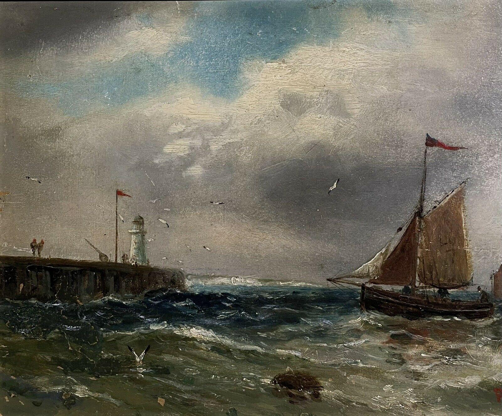 Peinture à l'huile de la marine britannique victorienne, bateau de pêche au large d'un joyau dans des eaux tempérées - Victorien Painting par Abraham Hulk jnr 1851 - 1922