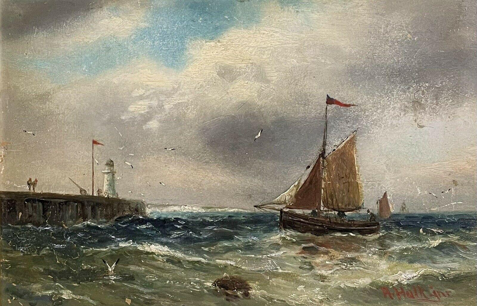 Abraham Hulk jnr 1851 - 1922 Landscape Painting - Victorian British Marine Oil Painting, Fishing Boat off a Jetty in Stormy Waters