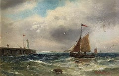 Victorian British Marine Oil Painting, Fishing Boat off a Jetty in Stormy Waters