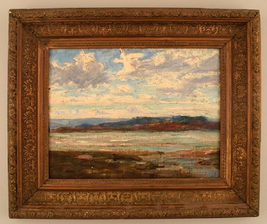 Abraham Hulk Jr. (1851-1922), listed British artist. Oil on board. Landscape painting. 
Lakeside view with hills. Late 19th century.
The board measures: 29 x 22 cm.
The frame measures: 6.5 cm.
In excellent condition.
Signed.

Abraham Hulk the