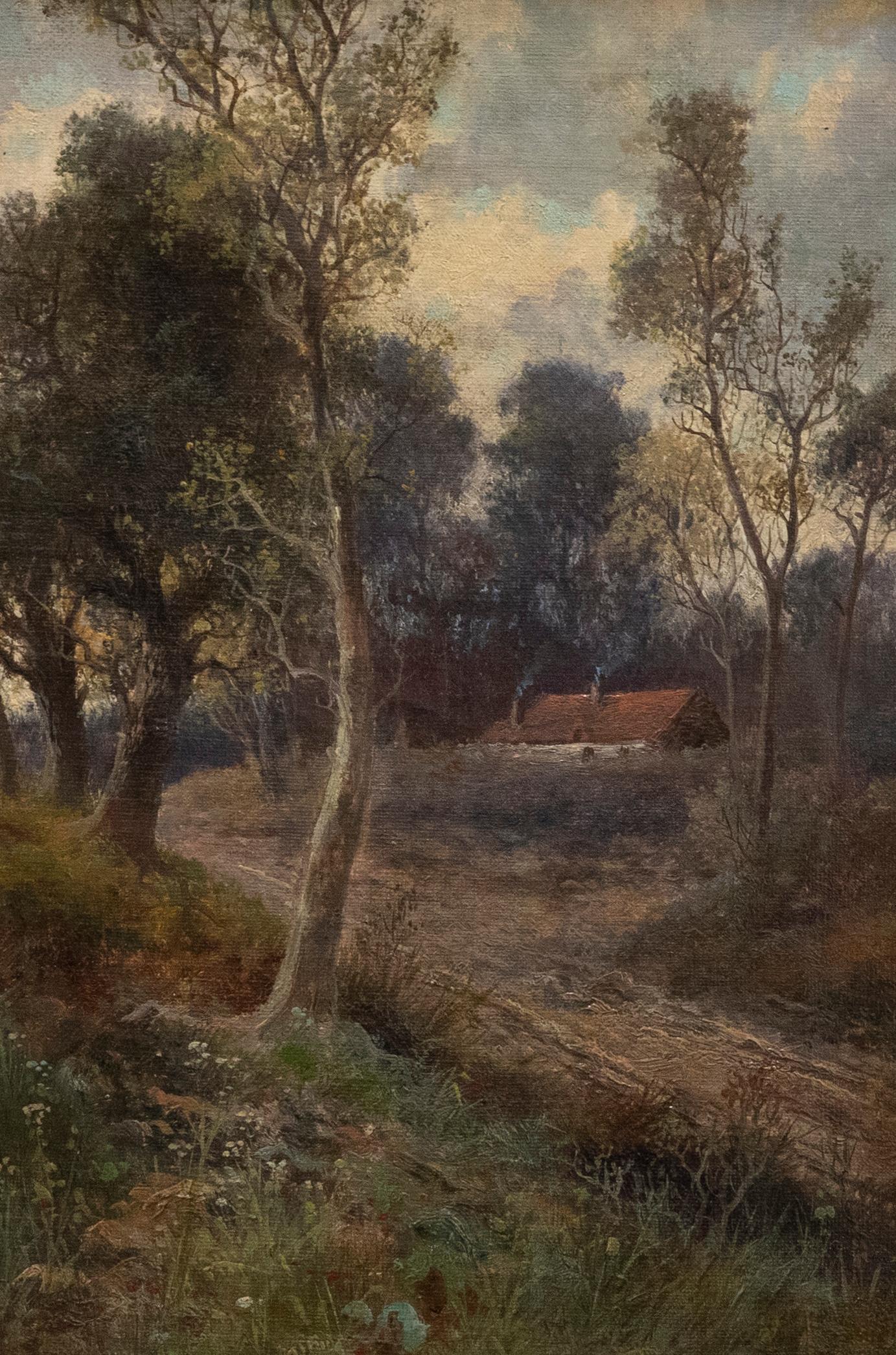 A charming oil study depicting a cottage nestled in the thick off a forest just off of a beaten track, Signed to the lower right. Well presented in a gilt frame with ornate acanthus ornament to the cover. On canvas. 
