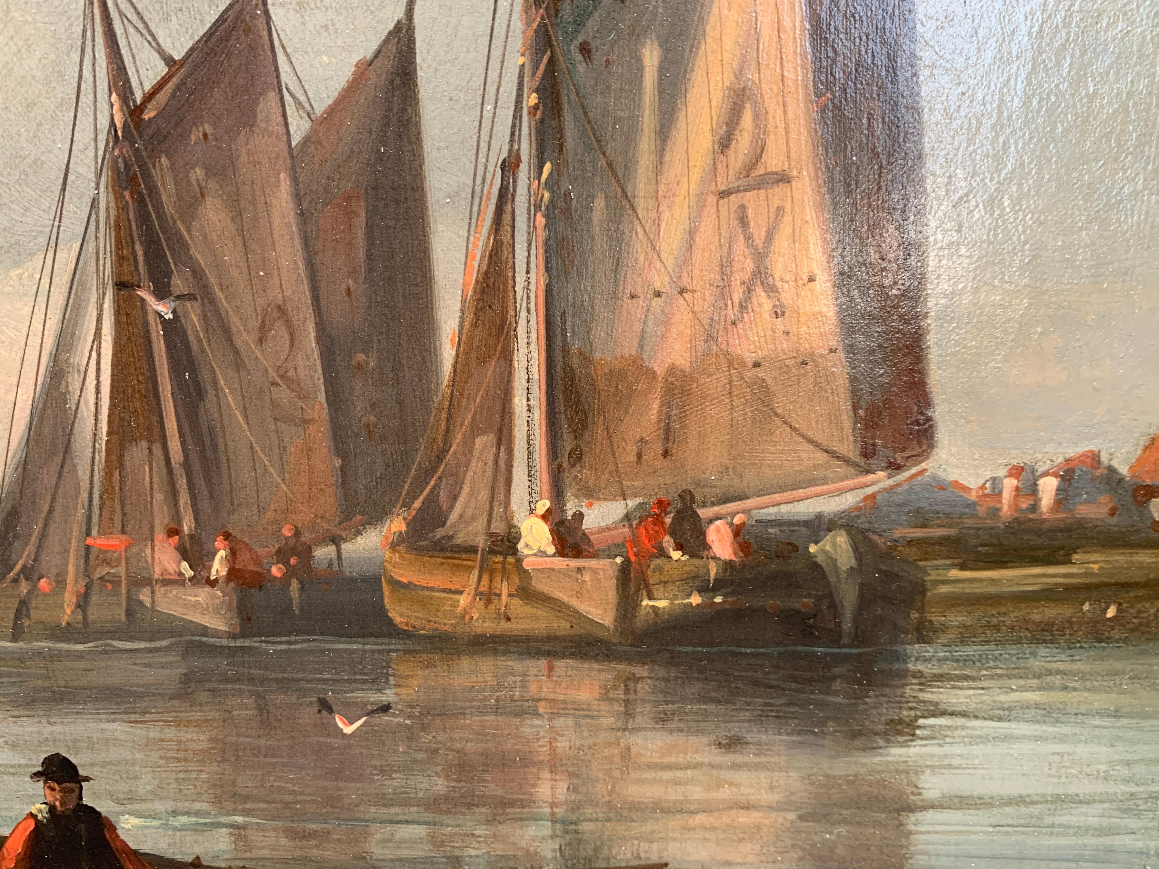 19th Century English or Dutch fishing boats at calm, with a landscape and sunset 2
