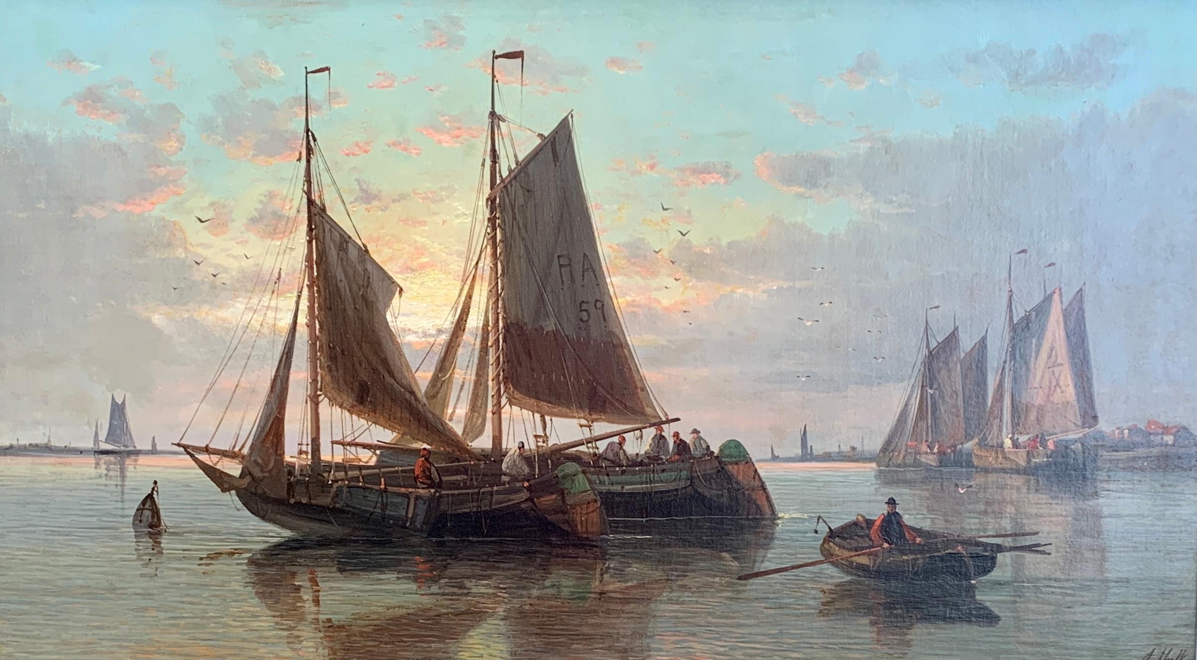 19th Century English or Dutch fishing boats at calm, with a landscape and sunset - Painting by Abraham Hulk the Elder