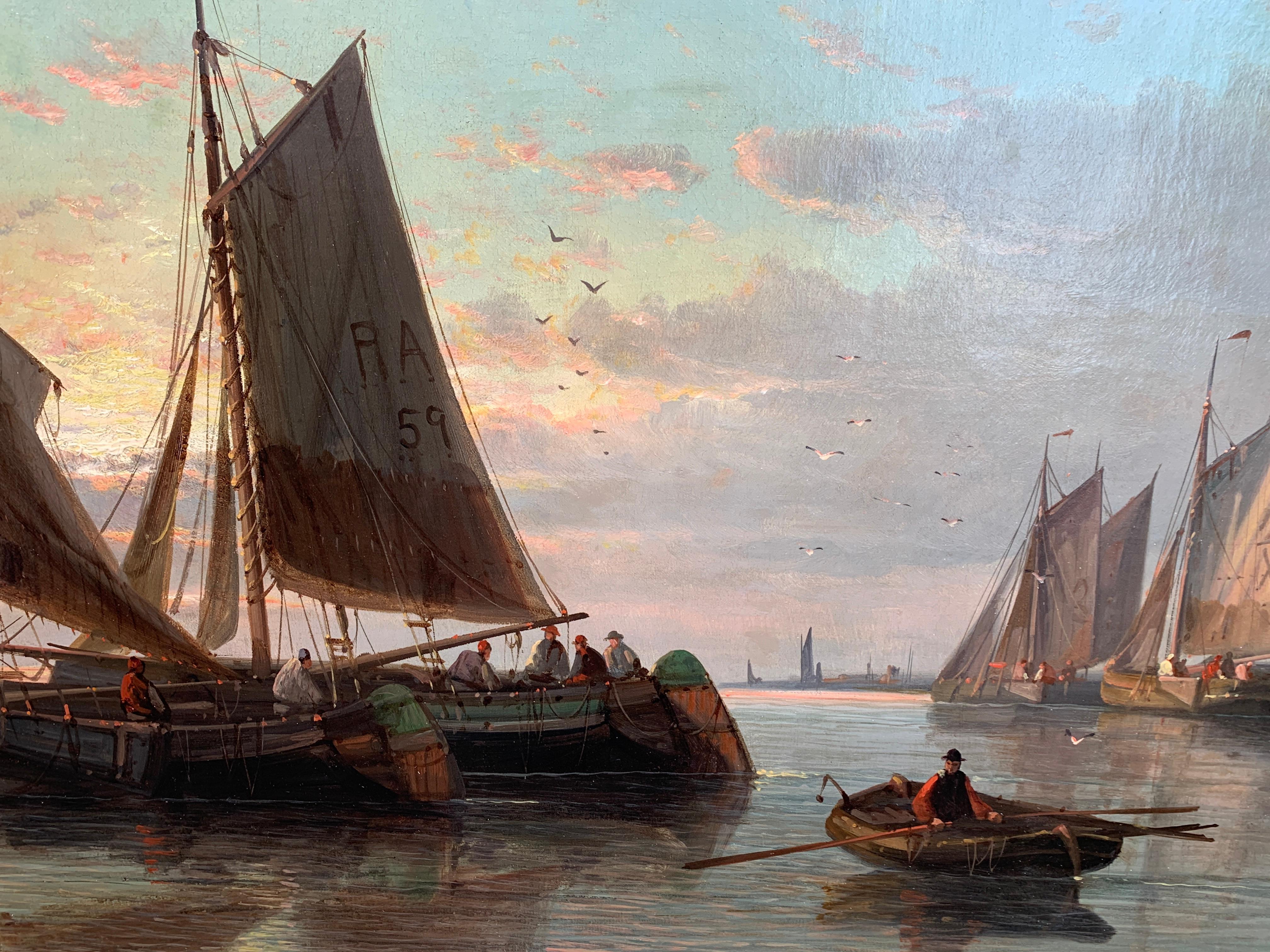 19th Century English or Dutch fishing boats at calm, with a landscape and sunset - Victorian Painting by Abraham Hulk the Elder