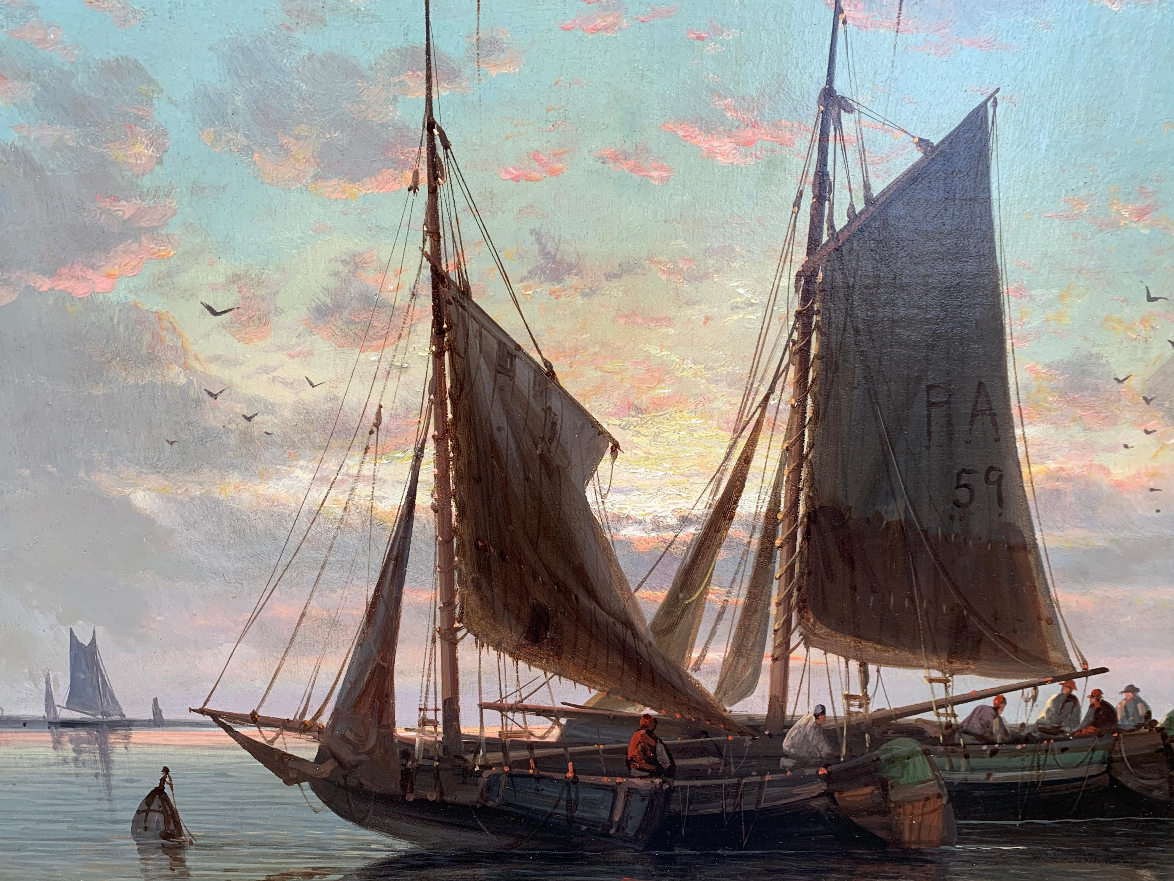 19th Century English or Dutch fishing boats at calm, with a landscape and sunset - Beige Landscape Painting by Abraham Hulk the Elder