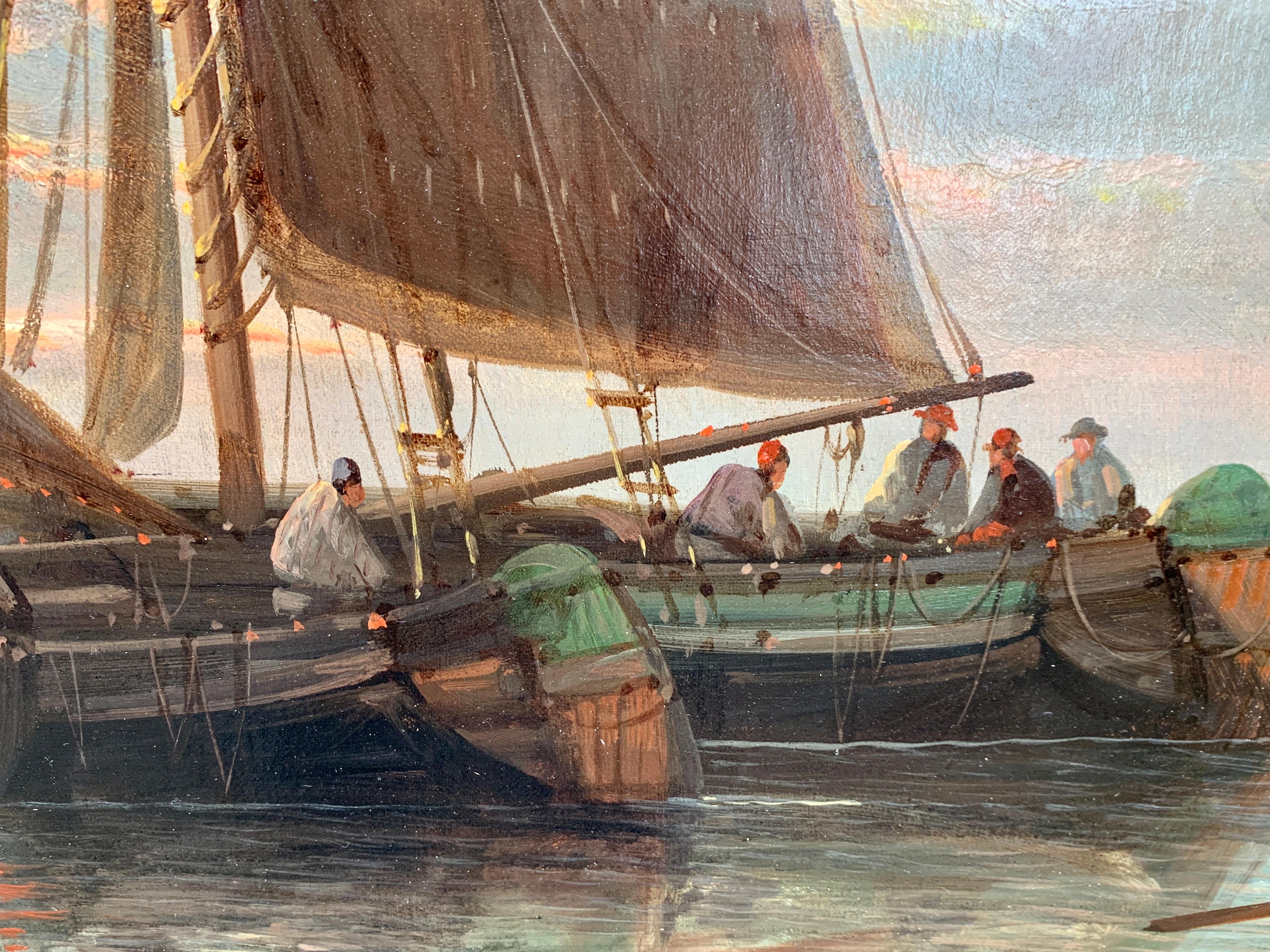 19th Century English or Dutch fishing boats at calm, with a landscape and sunset.

This Fine Oil on Canvas Painting depicts a typical theme in the painter’s oeuvre. The Anglo-Dutch artist is renowned for his seascapes showing a strong influence of