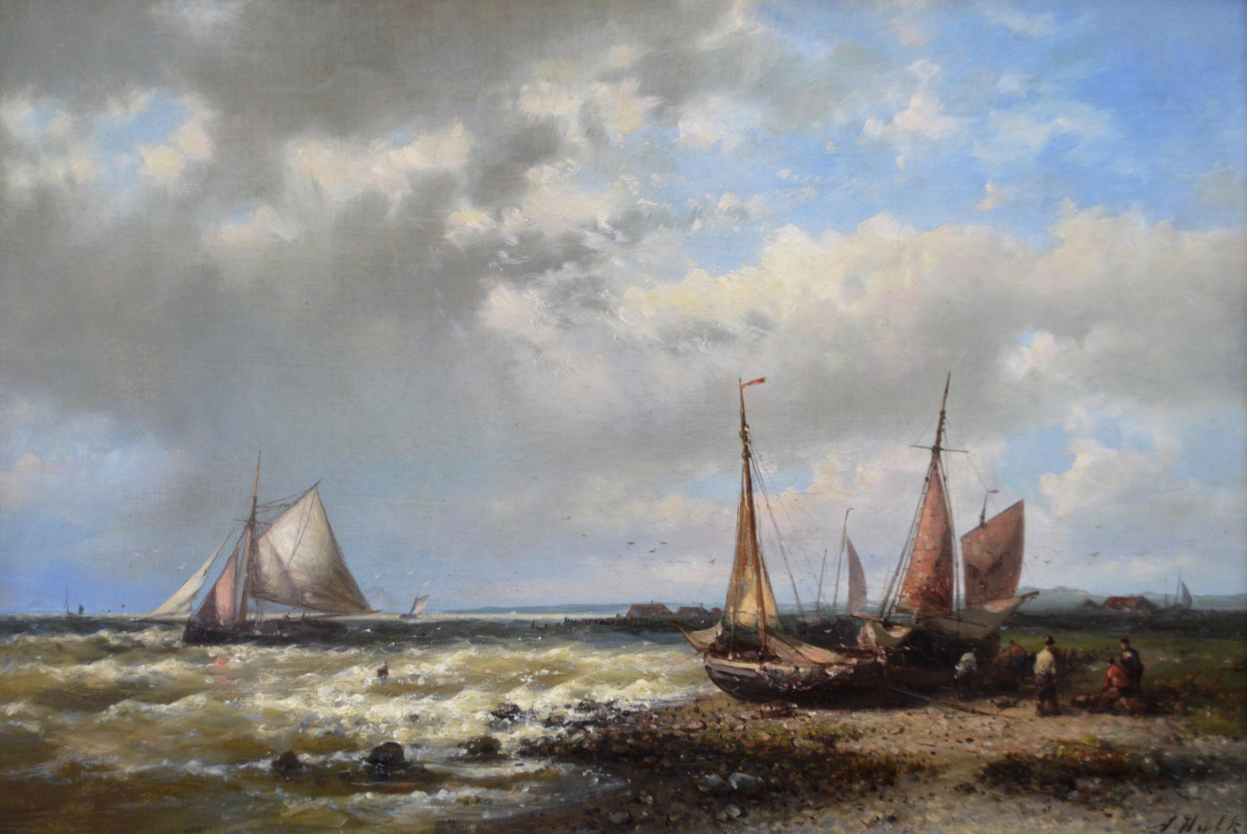 Peinture à l'huile du XIXe siècle représentant un paysage marin avec des bateaux de pêche au large de la côte néerlandaise  - Painting de Abraham Hulk the Elder