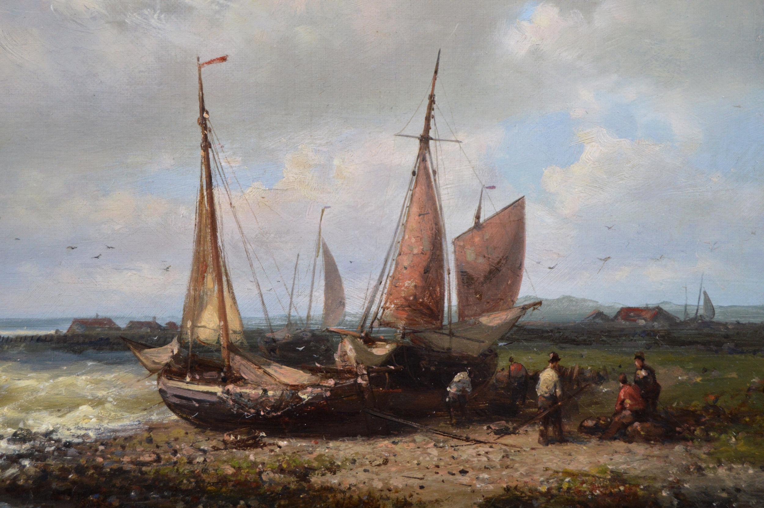 Peinture à l'huile du XIXe siècle représentant un paysage marin avec des bateaux de pêche au large de la côte néerlandaise  - Victorien Painting par Abraham Hulk the Elder