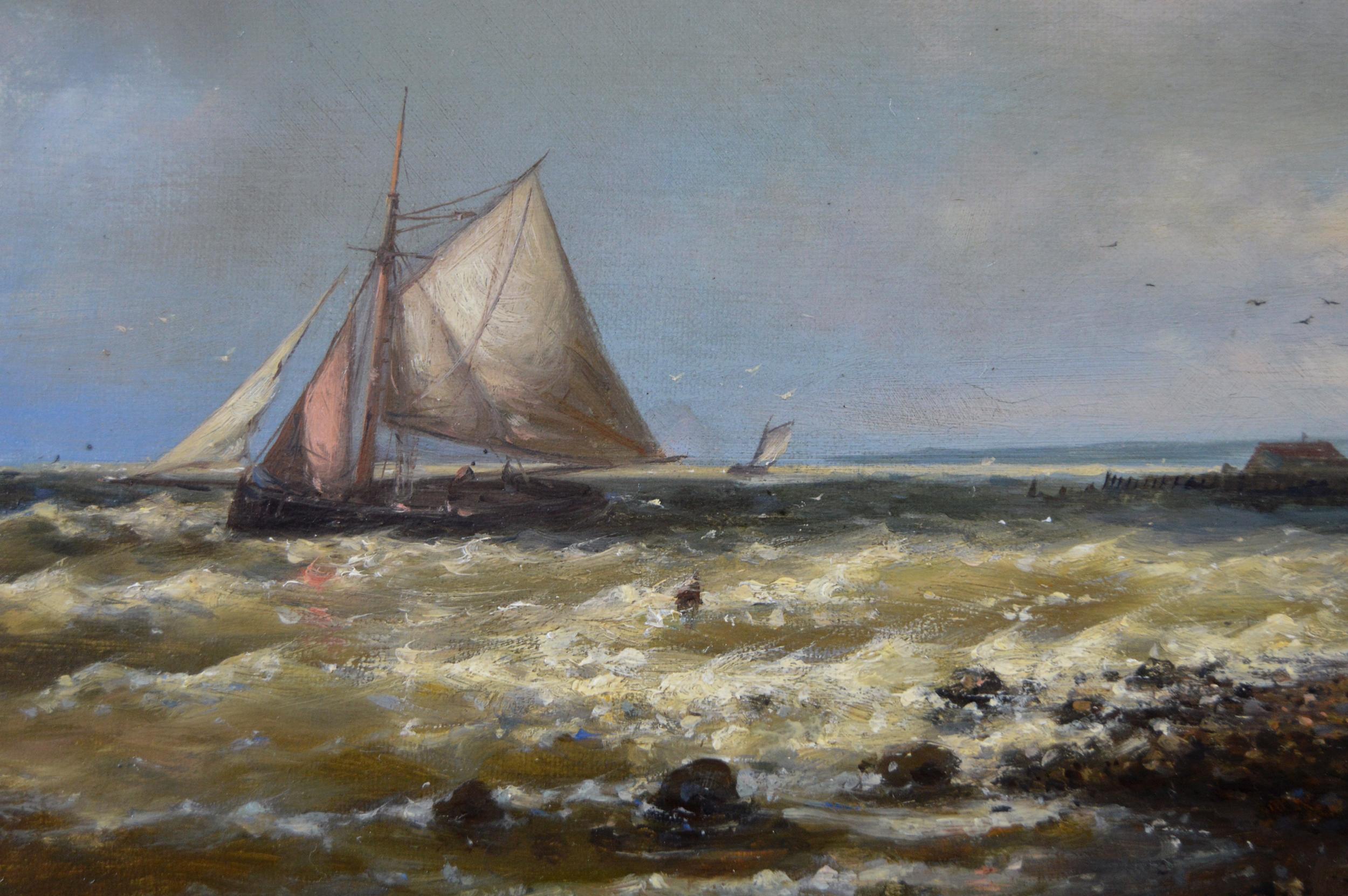 Peinture à l'huile du XIXe siècle représentant un paysage marin avec des bateaux de pêche au large de la côte néerlandaise  - Marron Landscape Painting par Abraham Hulk the Elder