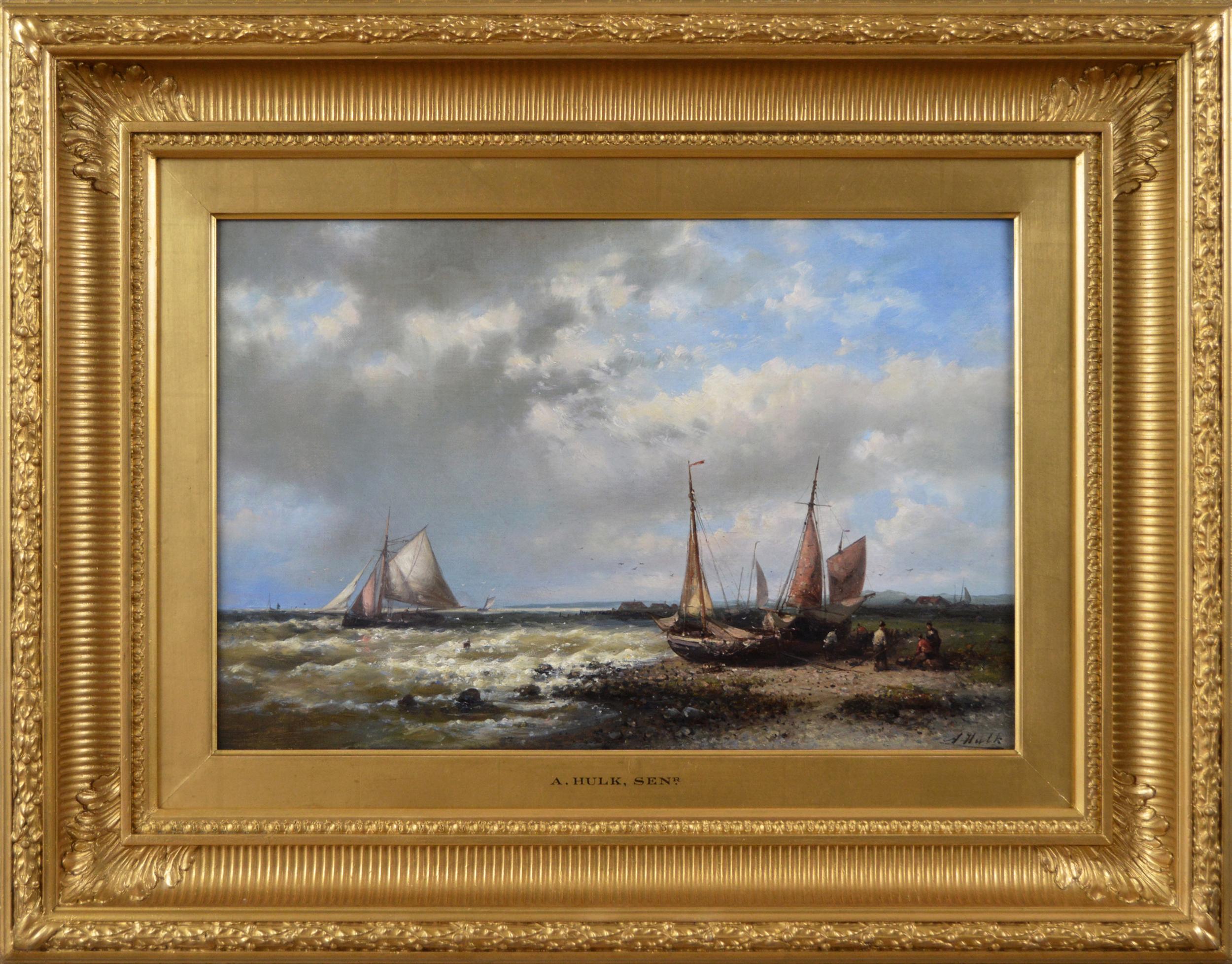 Landscape Painting di Abraham Hulk the Elder - Paesaggio marino del XIX secolo dipinto a olio con barche da pesca al largo della costa olandese