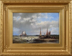 Antique 19th Century seascape oil painting of fishing boats off the Dutch coast 