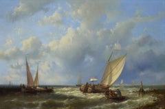 Paesaggio marino del XIX secolo dipinto a olio con barche a vela al largo della costa olandese