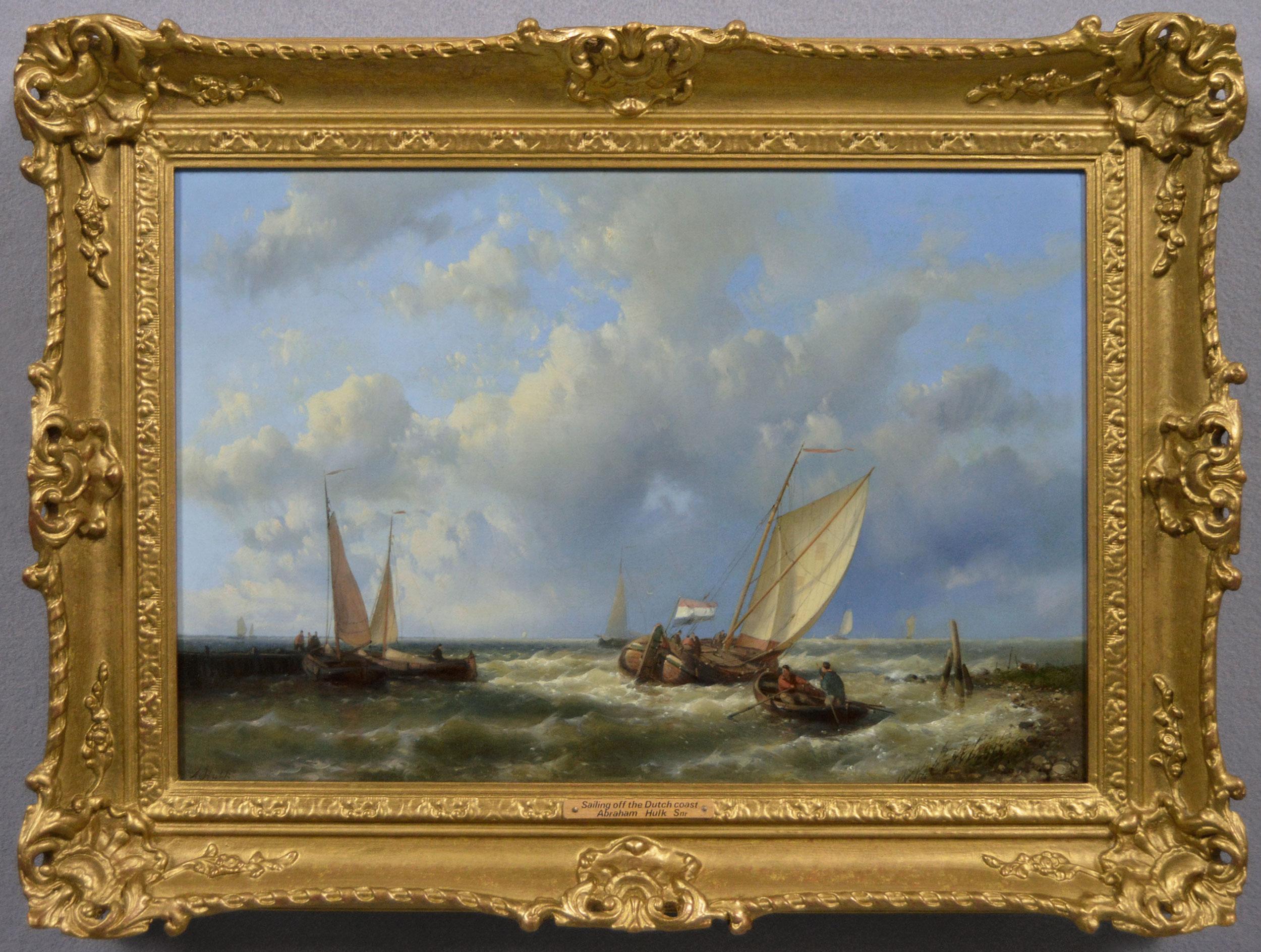 19th Century seascape oil painting of sailing boats off the Dutch coast