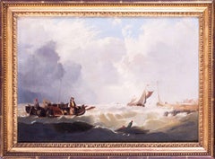 Peinture à l'huile maritime hollandaise du XIXe siècle représentant des pêcheurs dans des eaux agitées, Pays-Bas