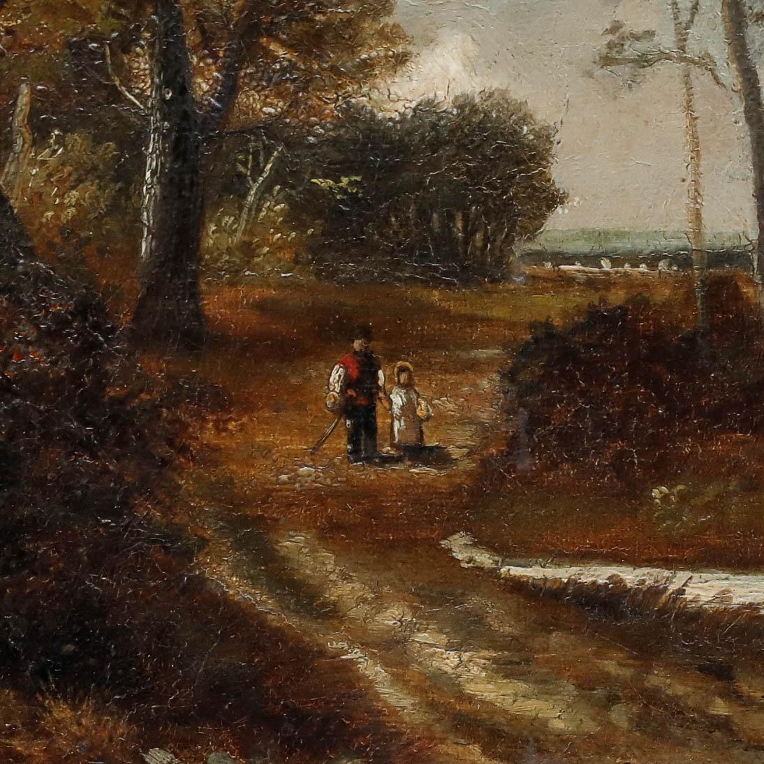 Este atmosférico cuadro de paisaje capta una escena rural otoñal, con altos árboles que enmarcan un sinuoso camino de tierra que conduce la mirada a través de la composición. El artista utiliza hábilmente tonos cálidos y terrosos para evocar la