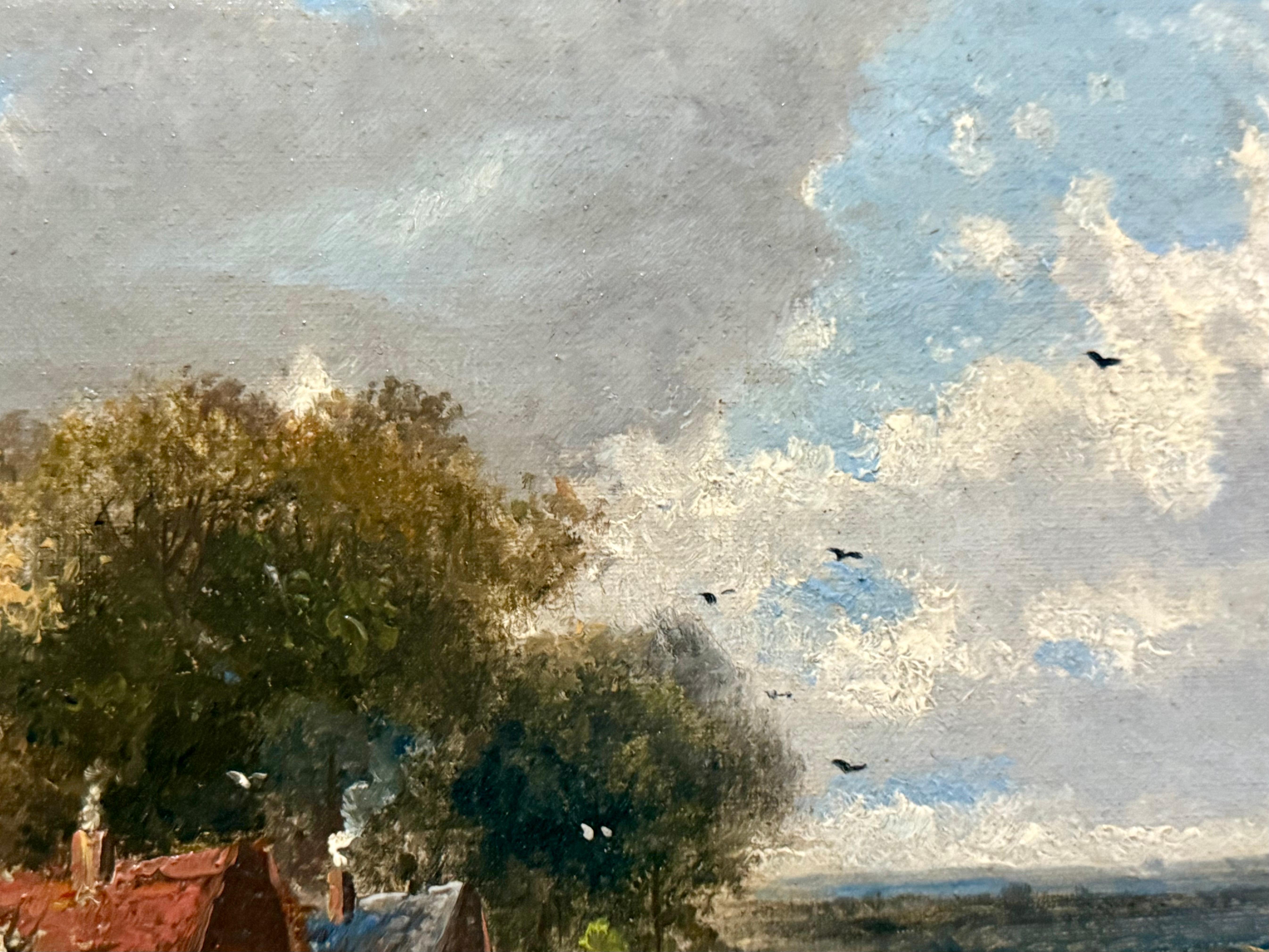 Paysage pastoral paisible d'Abraham Hulk, le Jeune (1844-1922), renommé pour ses peintures de paysages de formation hollandaise et anglaise. Son père néerlandais étant artiste, Hulk a appris à peindre dès son plus jeune âge, alors qu'il grandissait