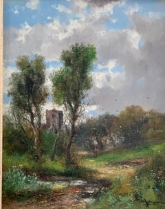 Early 20th Century English Autumn river landscape with a Norman Church