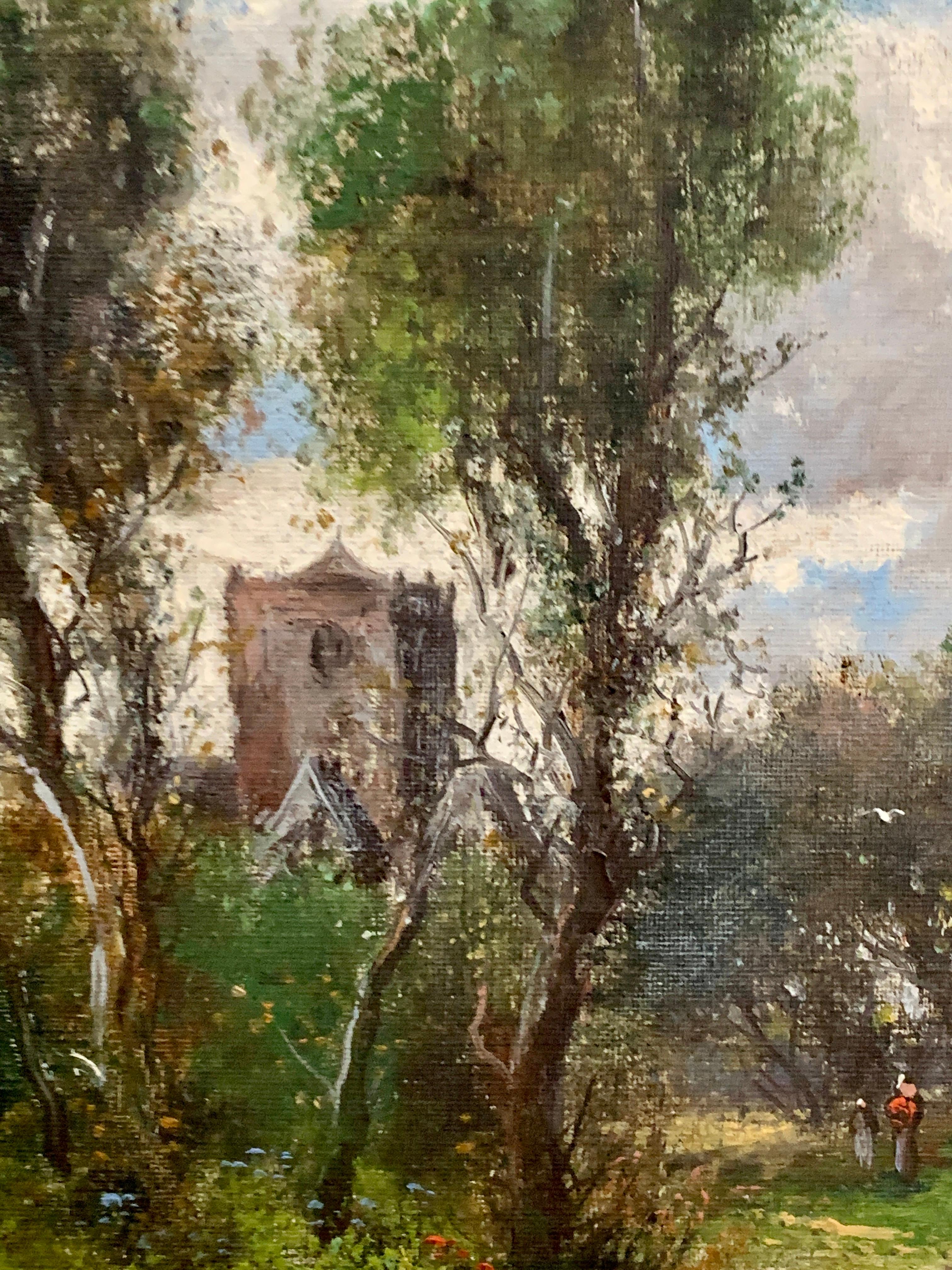 Paesaggio fluviale autunnale inglese dei primi del Novecento con chiesa normanna - Painting Vittoriano di Abraham Hulk the Younger