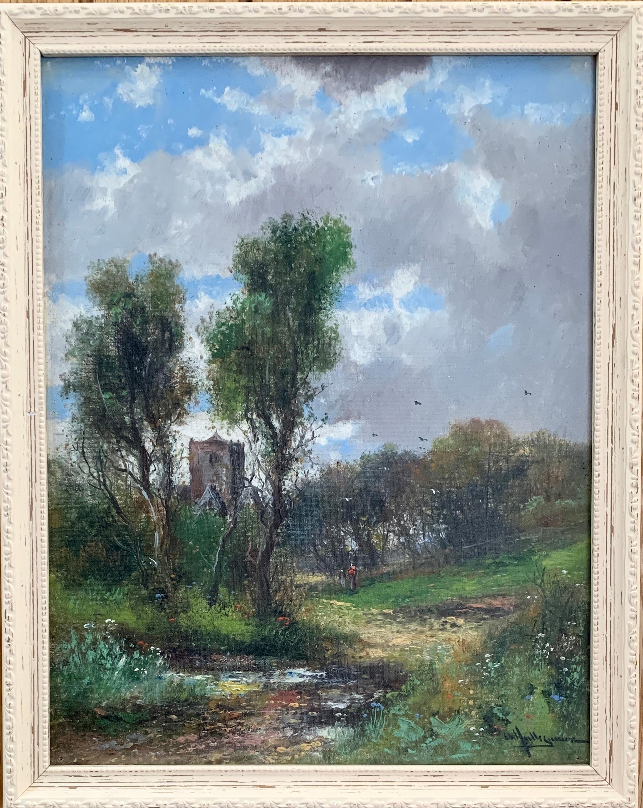 Early 20th Century English Autumn river landscape with a Norman Church