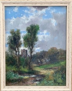 Used Early 20th Century English Autumn river landscape with a Norman Church