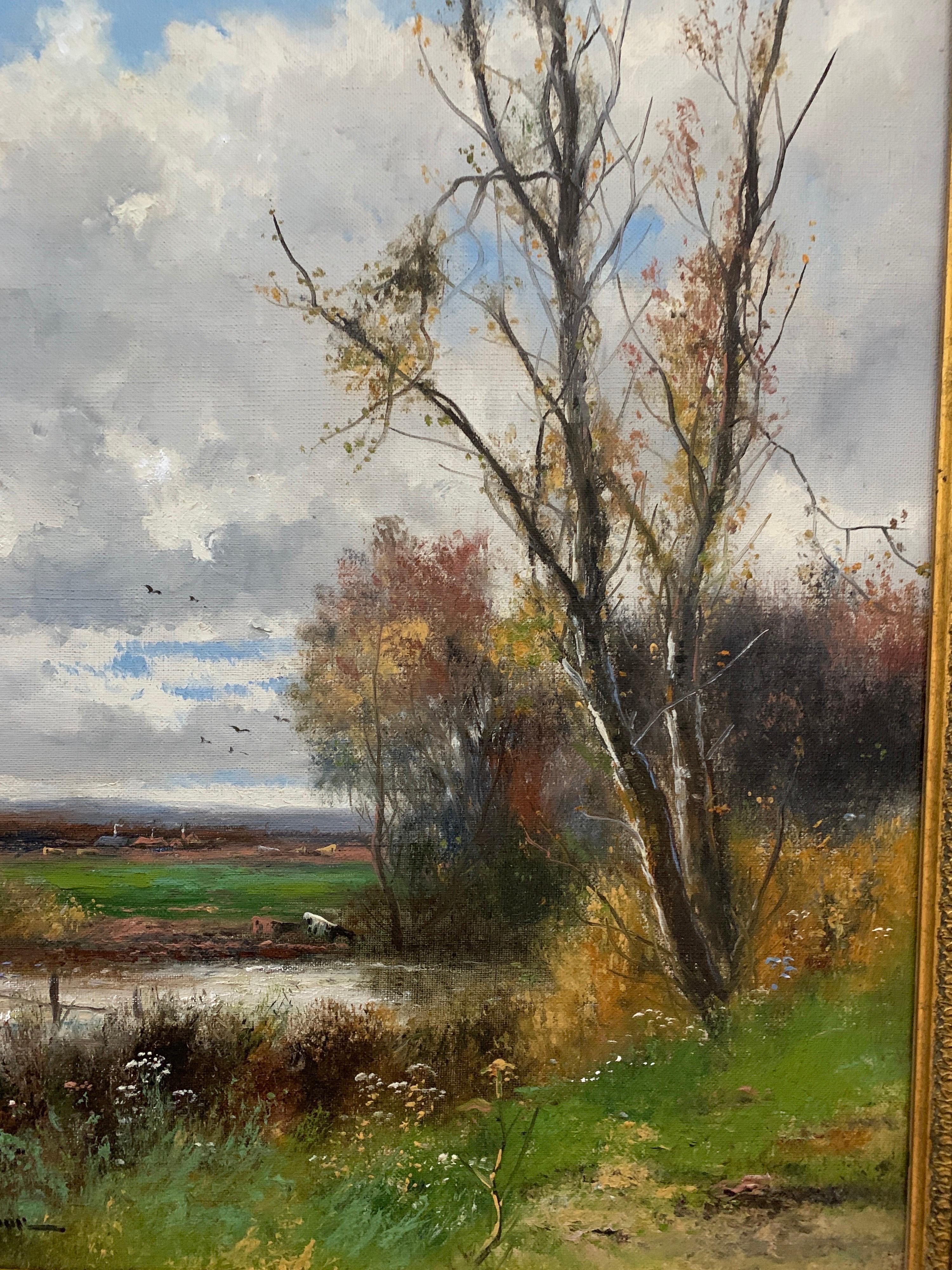 Paisaje fluvial otoñal inglés de principios del siglo XX, vacas bebiendo del arroyo - Painting de Abraham Hulk the Younger