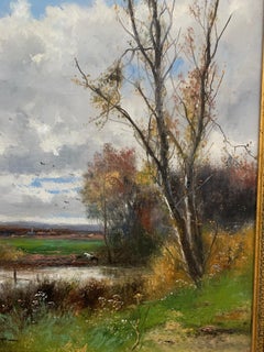 Early 20th Century English Autumn river landscape, cows drinking from the stream