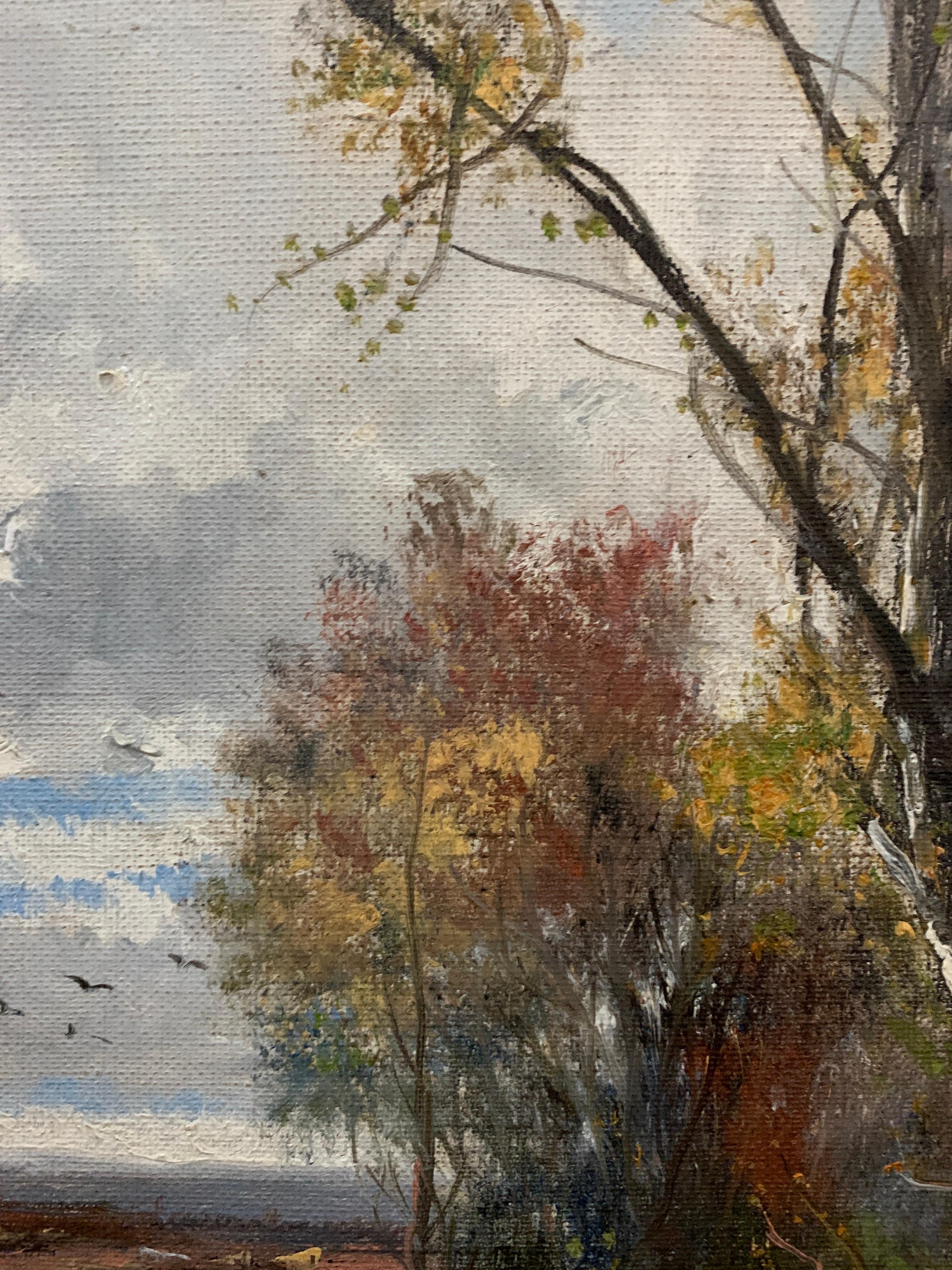 Paysage de rivière anglais d'automne du début du 20e siècle, vaches boignant de la rivière - Marron Landscape Painting par Abraham Hulk the Younger
