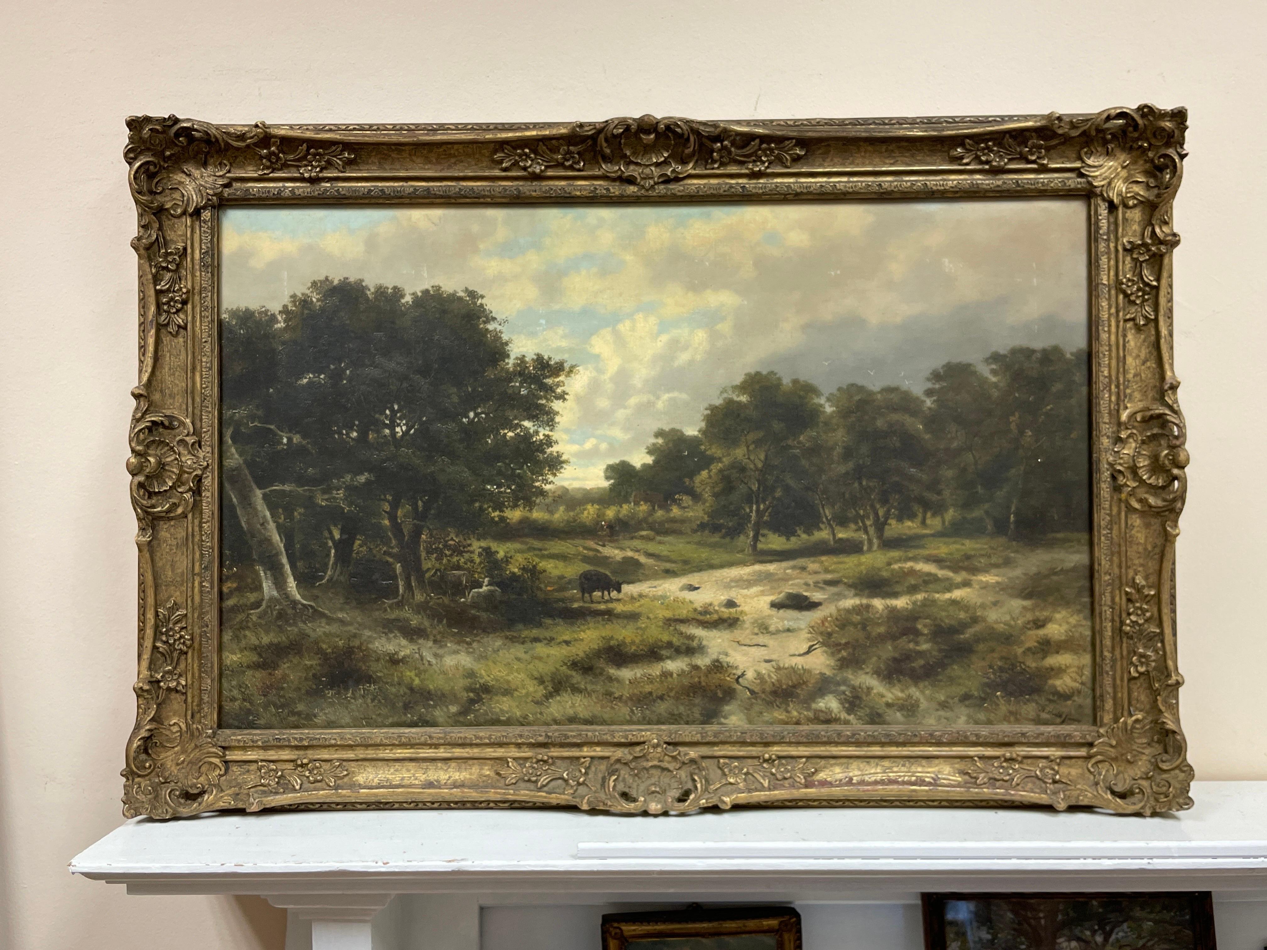 Fine Victorian Large Oil Painting Animals in Pastoral Landscape, Beautiful Frame 1