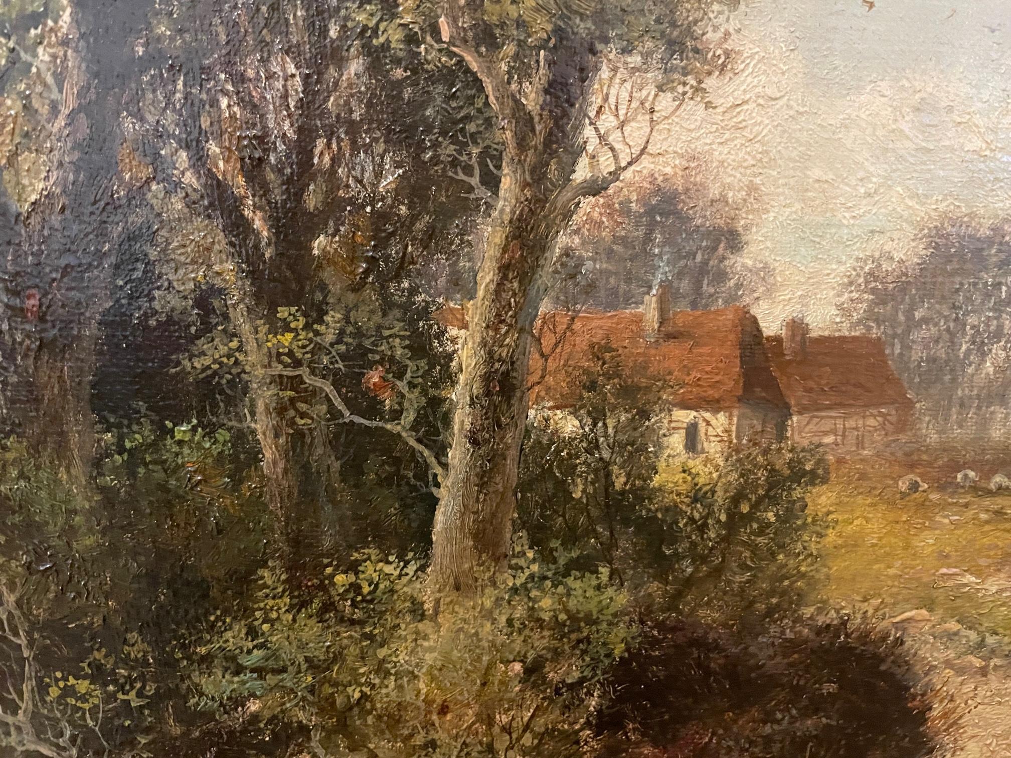 Dutch/English artist Abraham Hulk the Younger (1851-1922) is most known for landscapes of the British countryside.  This work is one of a pair (the second work is also available by separate request) signed by the artist with a figure and cottage in
