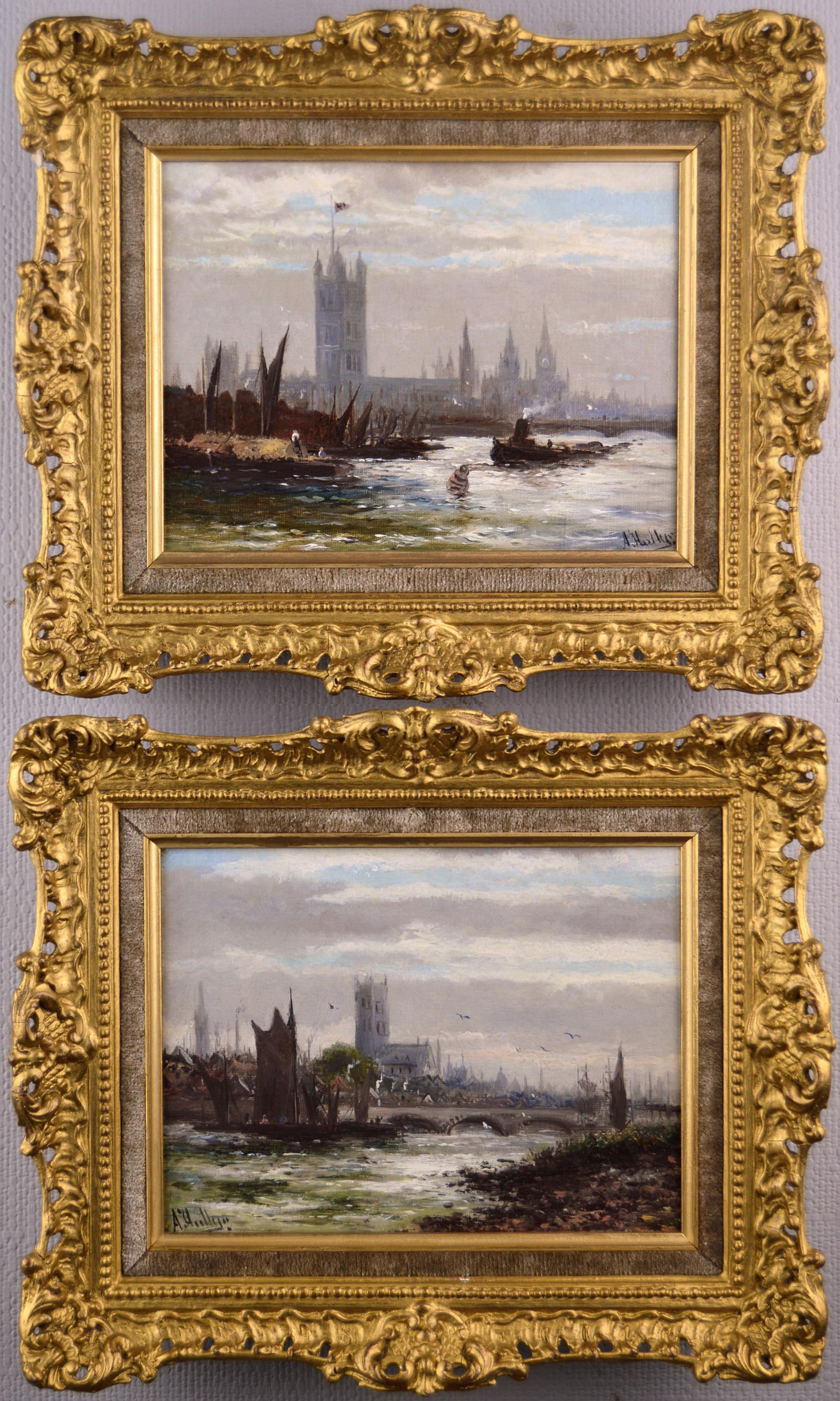 Abraham Hulk the Younger Landscape Painting - Pair of 19th century landscape oil paintings of the Thames