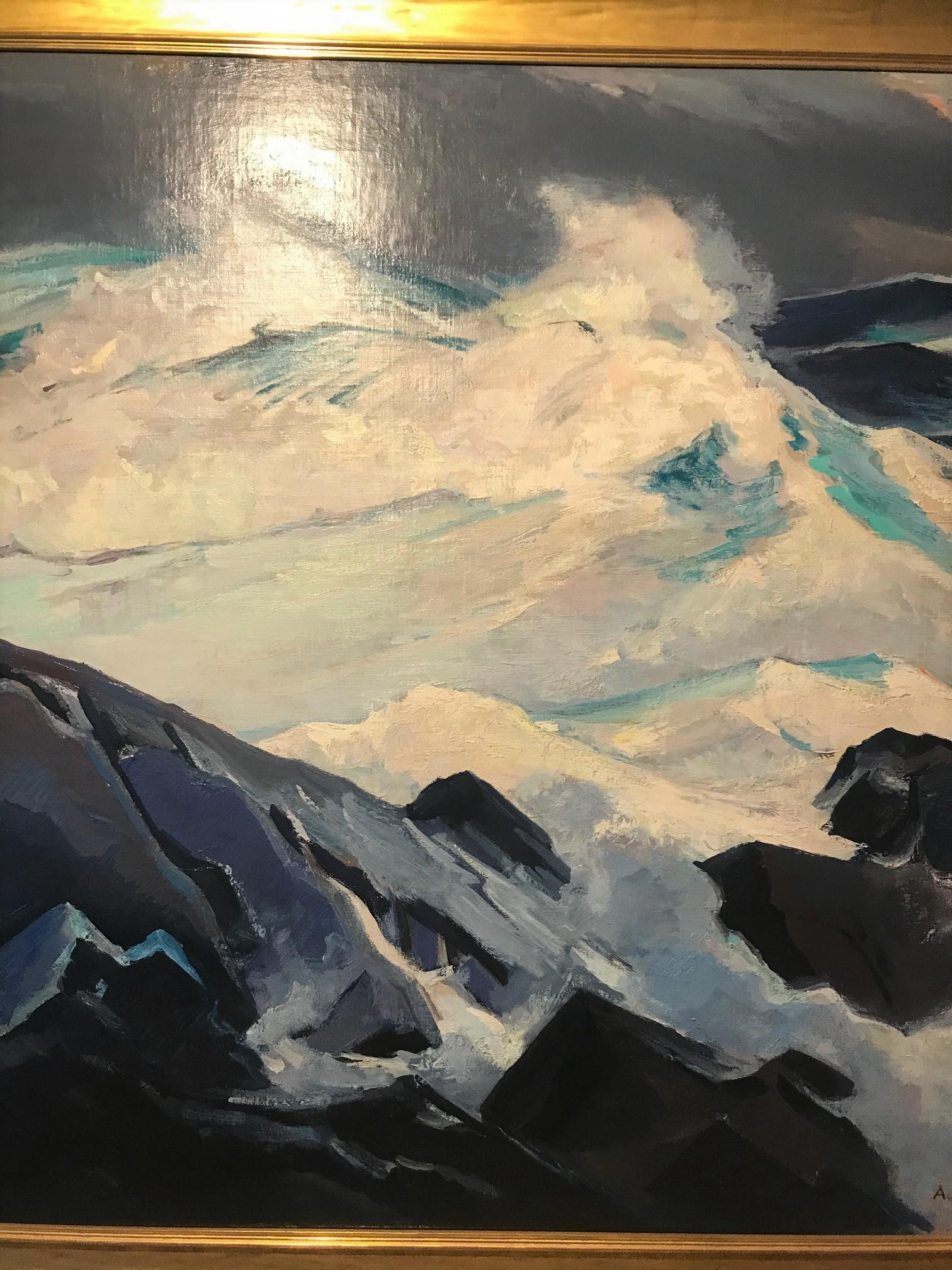 This painting is by Abraham Jacob Bogdanove
 Russian/American, 1887-1946 and is titled
The Squall, Monhegan, 1943
Signed A. J. Bogdanove and dated 1943 (lr); inscribed The Squall #213 on the stretcher
Oil on canvas
40 x 50 inches
48 x 57 3/4