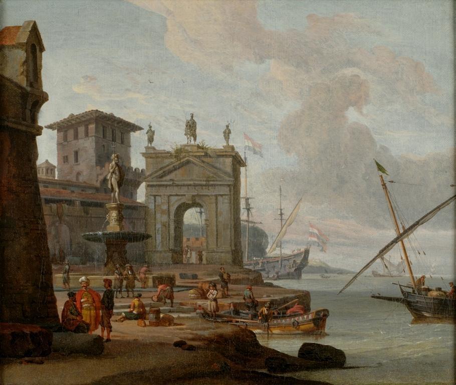 Abraham Jansz Storck Landscape Painting - Mediterranean Capriccio,  Oil on canvas by Abraham Storck, circa 1680