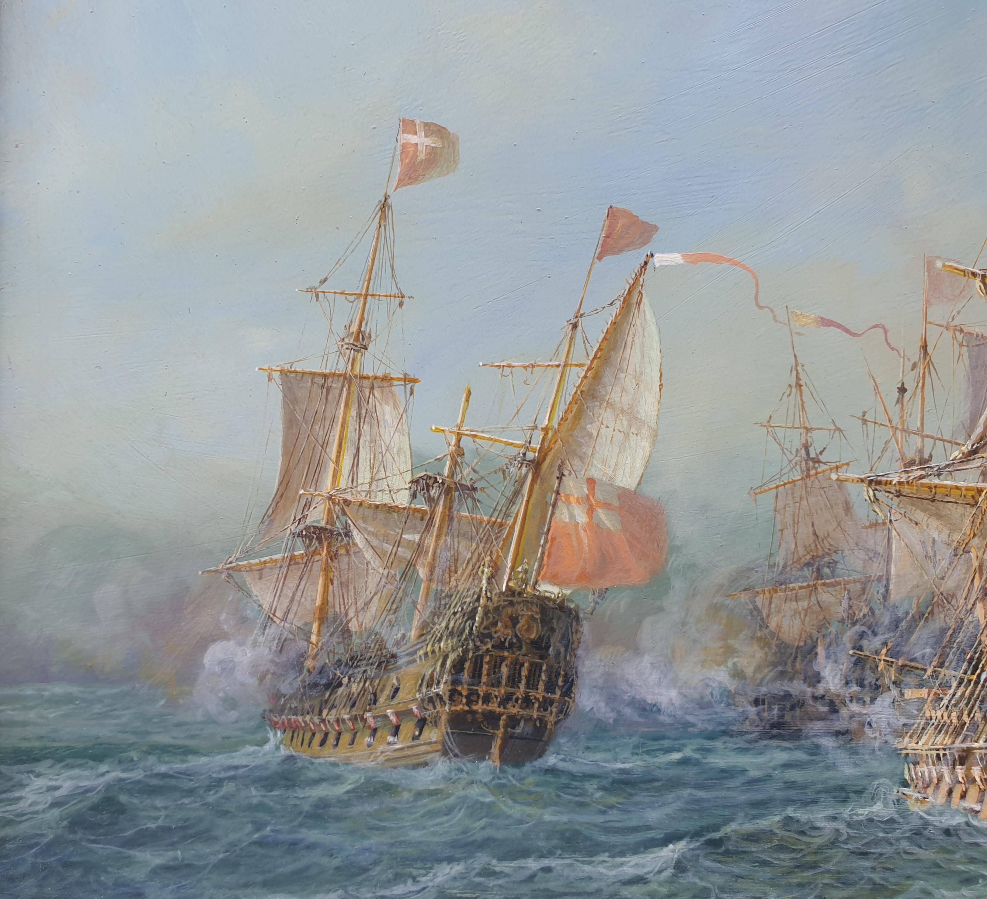 Pittura Portoghese LEVY LIMA Battaglia navale Navi da guerra in rame 1