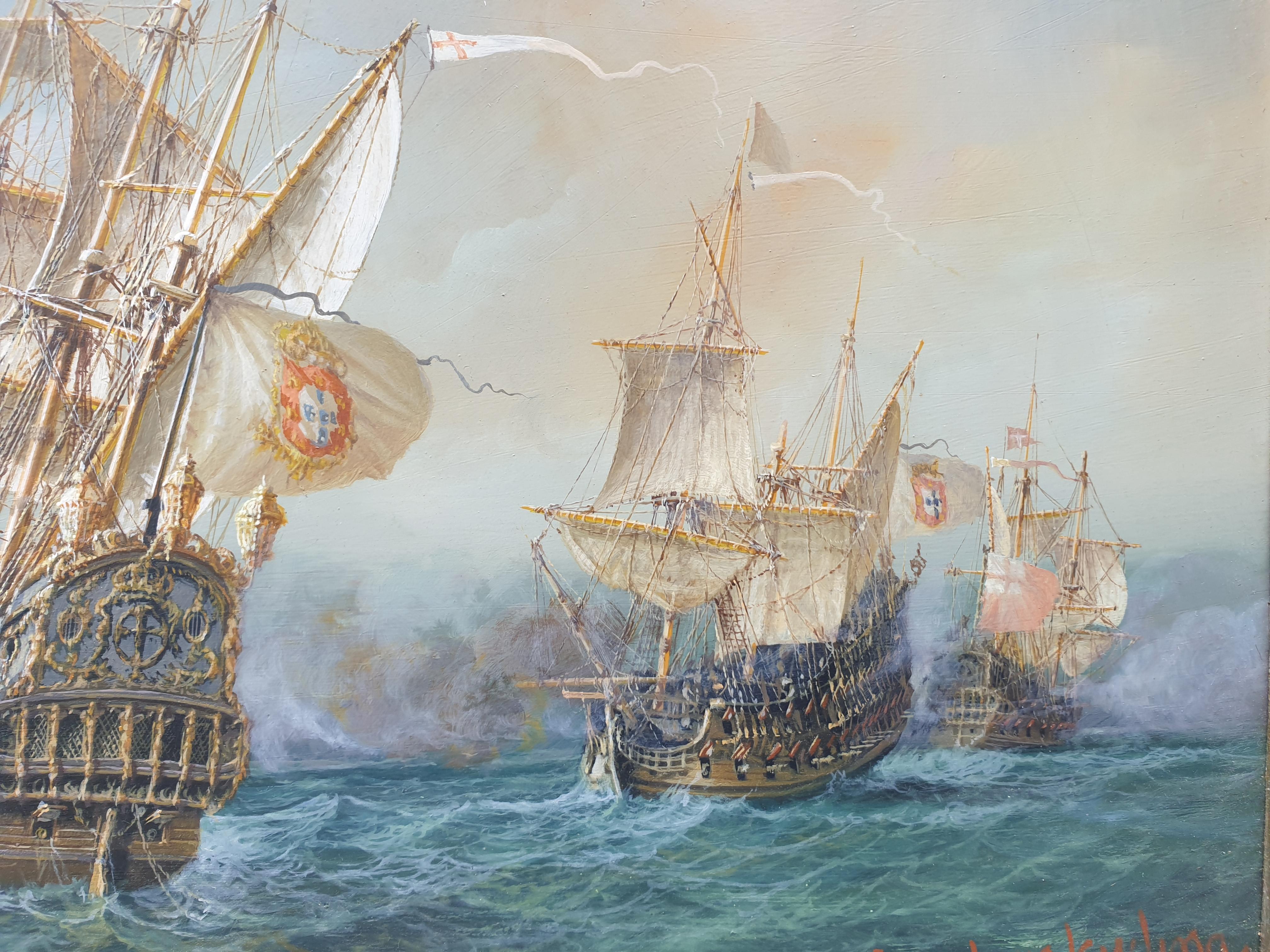 Pittura Portoghese LEVY LIMA Battaglia navale Navi da guerra in rame 2