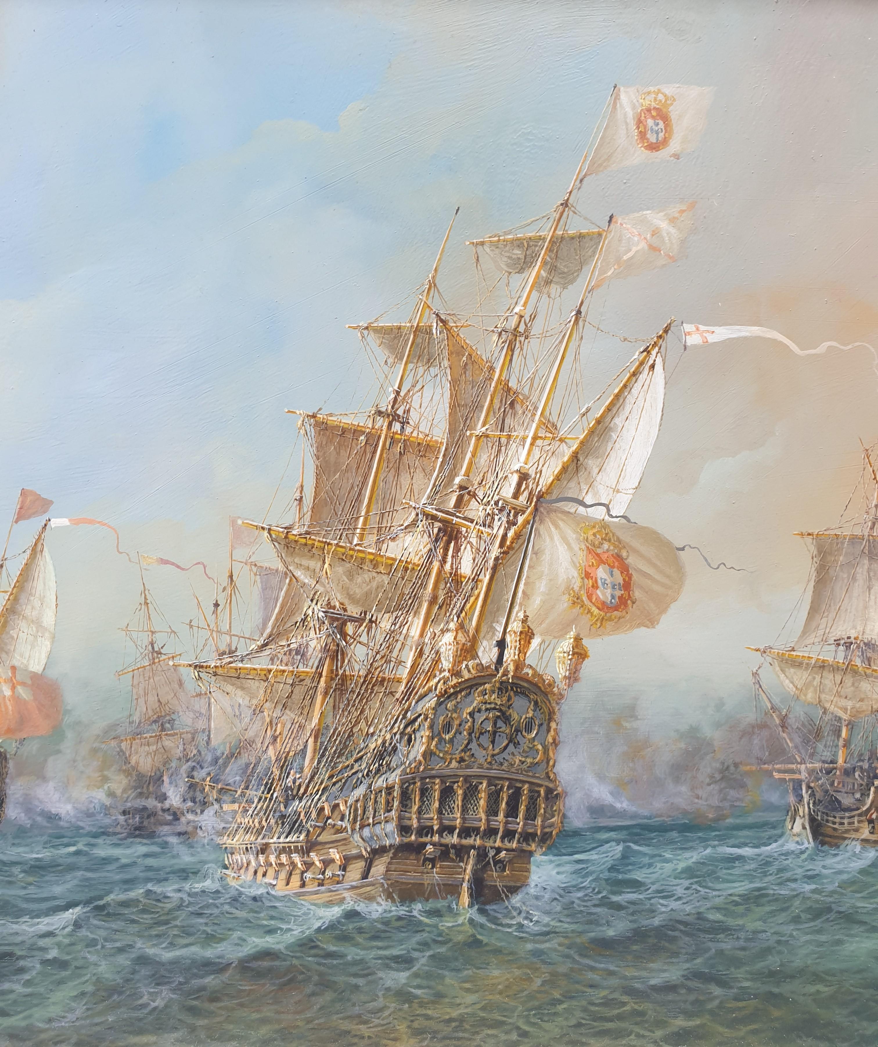 Pittura Portoghese LEVY LIMA Battaglia navale Navi da guerra in rame 3