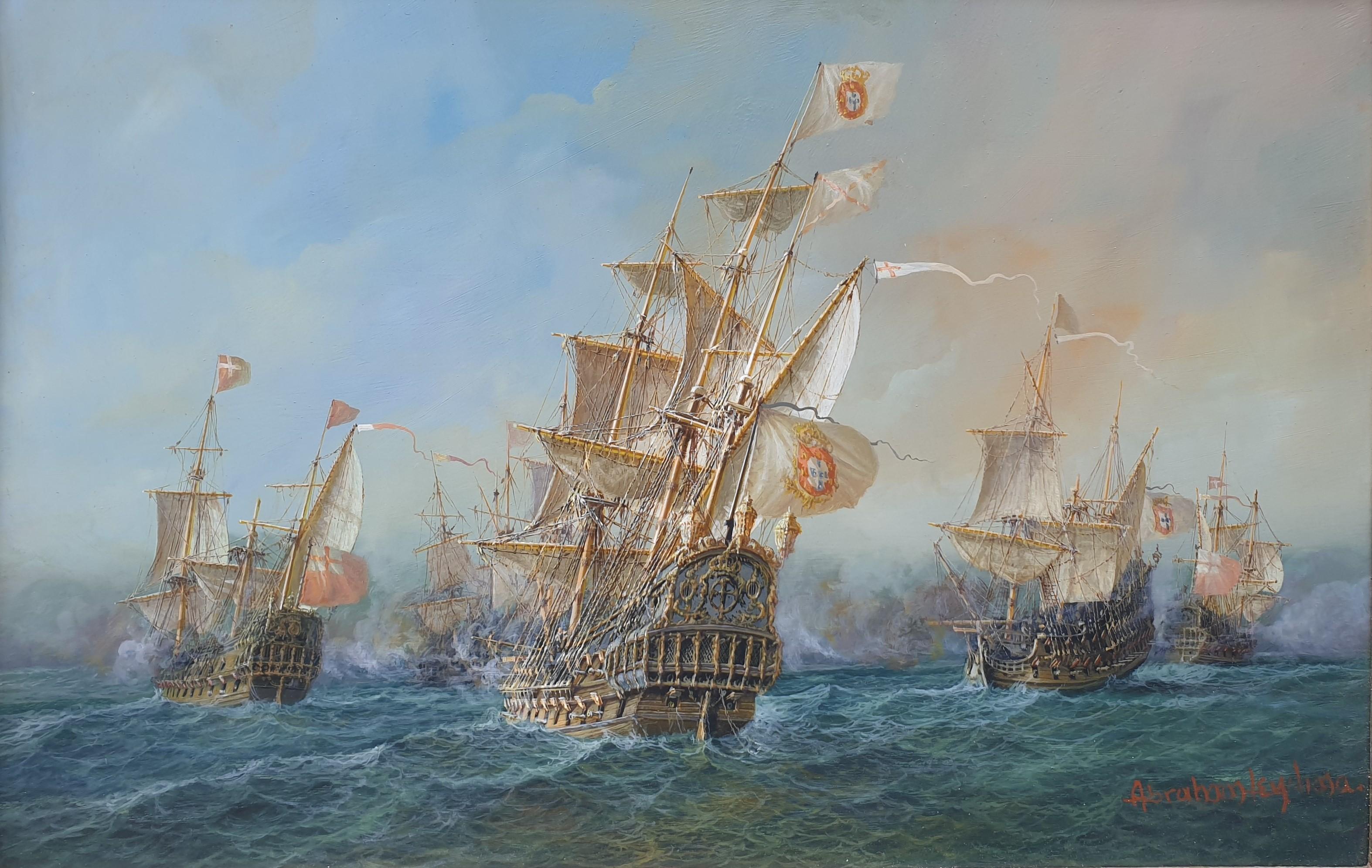 Pittura Portoghese LEVY LIMA Battaglia navale Navi da guerra in rame 5