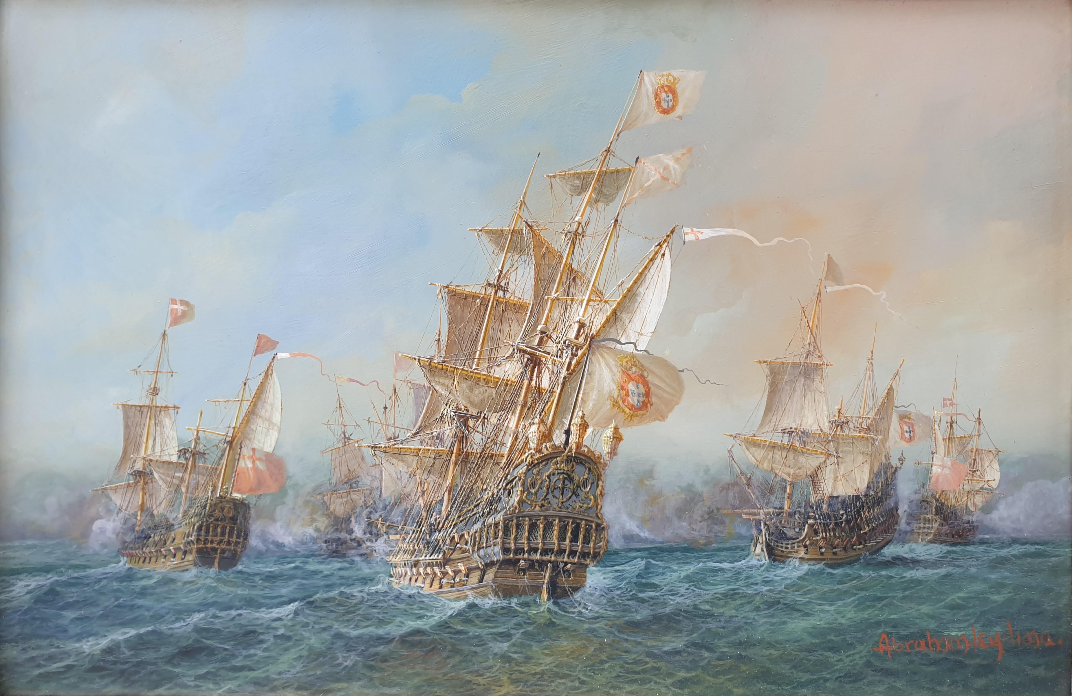Pittura Portoghese LEVY LIMA Battaglia navale Navi da guerra in rame 6