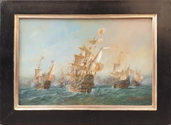 Gemälde Portugiesische LEVY LIMA Marineschlacht Kupferkriegsschiffe