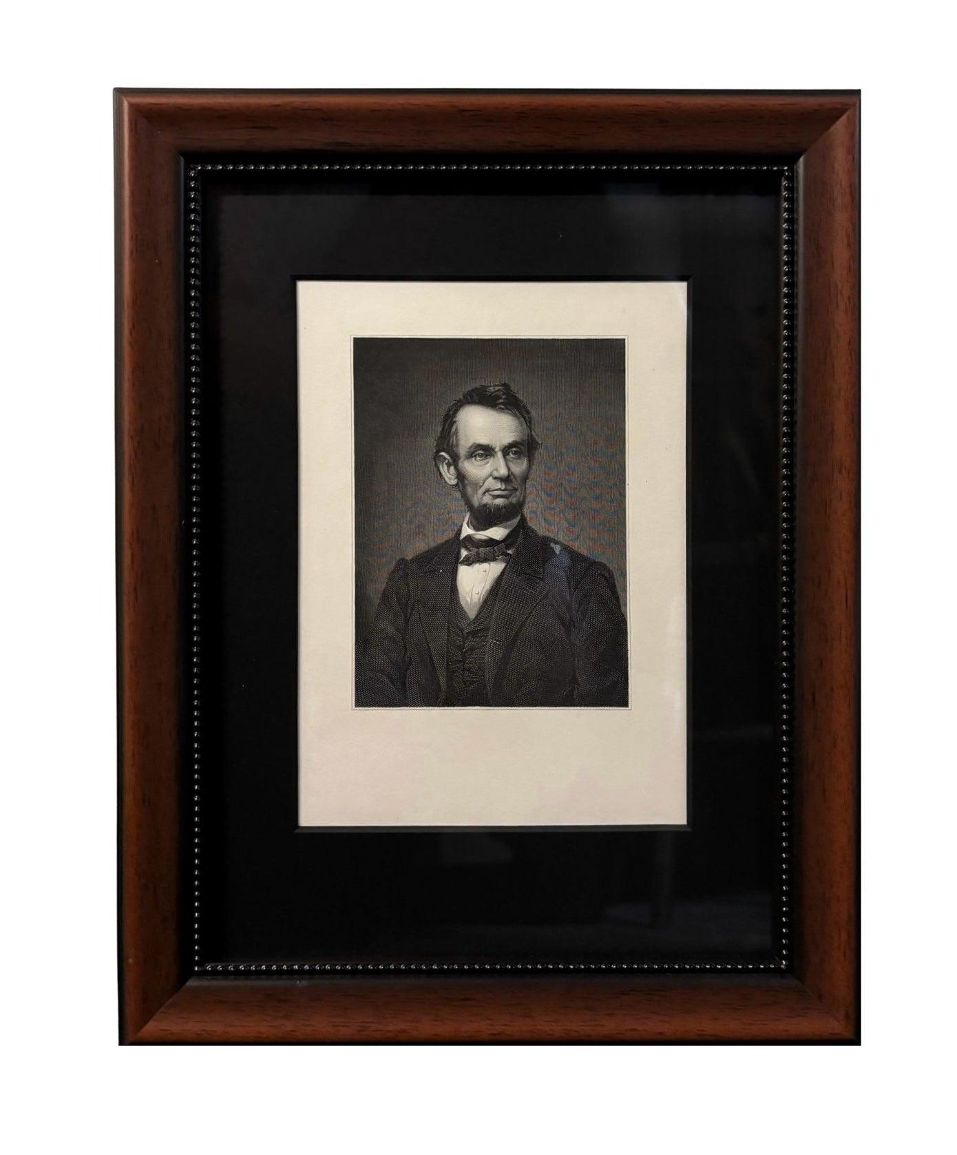 Presented is a half bust engraving of Abraham Lincoln, engraved by Charles Burt, after a from-life photo by Mathew Brady. Brady took the photograph in 1864, as the nation was in the final throes of the Civil War. Lincoln is depicted from the