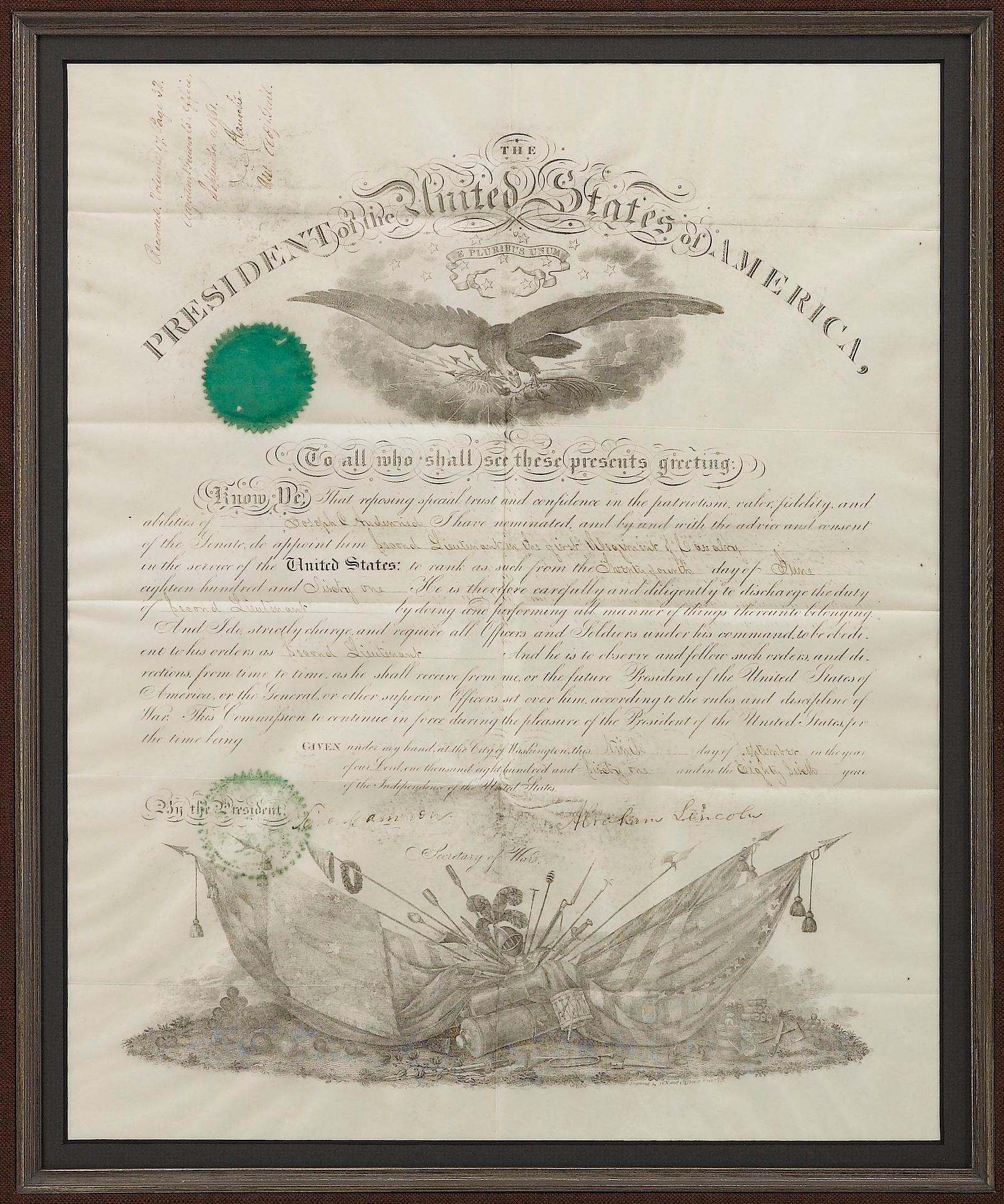 This war-dated Army commission for Second Lieutenant Joseph Audenried is signed by Abraham Lincoln. The signature is accompanied by a reproduction photograph of Lincoln in 1863. The original commission was signed by Lincoln on September 9, 1861 and