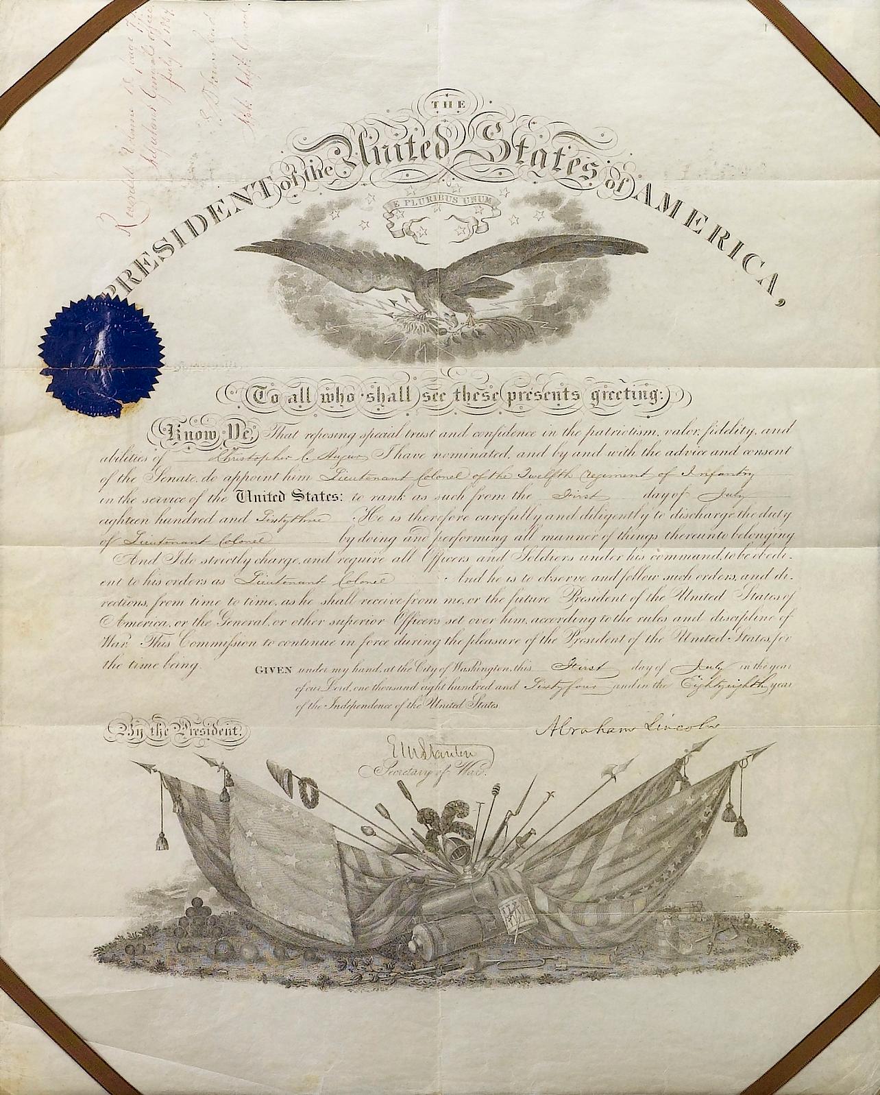 This is an original document signed by Abraham Lincoln as President, dated July 1, 1864. The document is a partly-printed official document appointing future Union major general Christopher C. Augur to Lieutenant Colonel of the 12th Regiment
