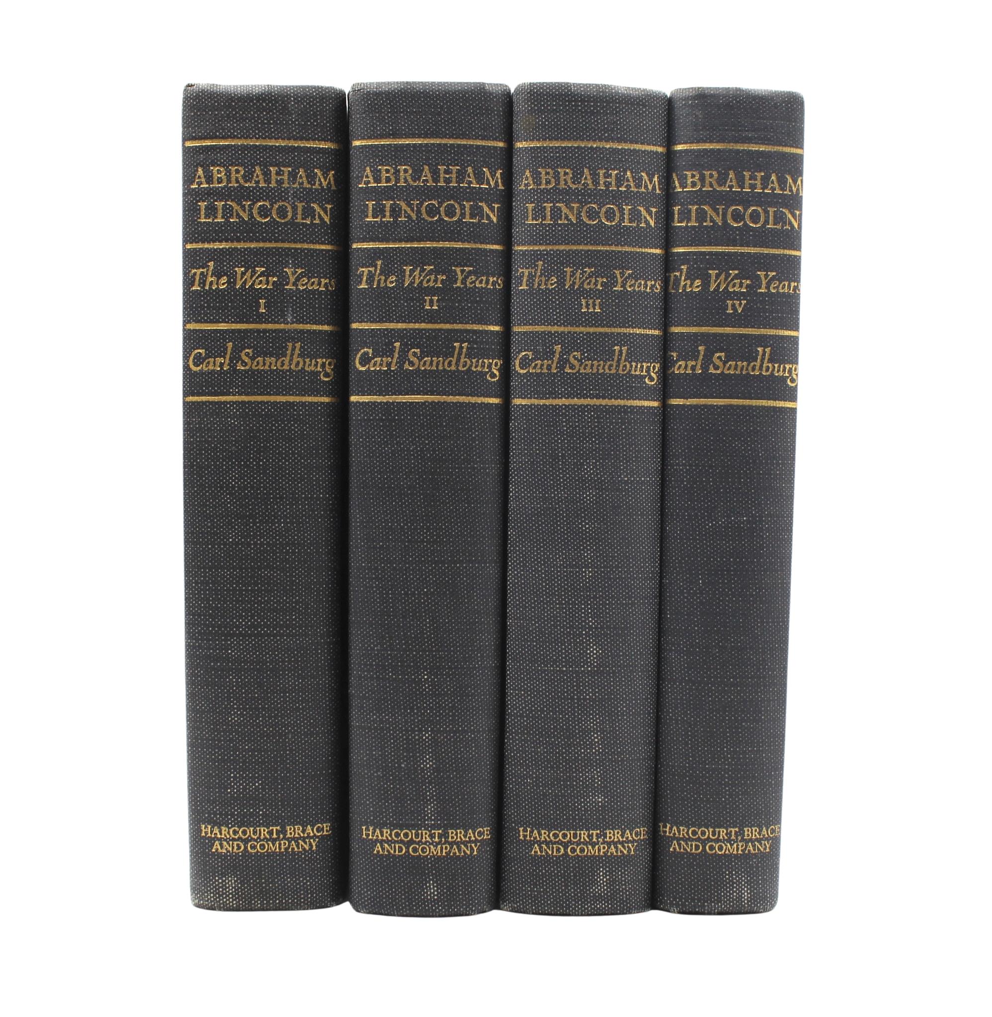 Sandburg, Carl (1878-1967). Abraham Lincoln: The War Years. New York: Harcourt, Brace & Company, 1939. 4 volumes, 8vo. Illustrated. Original publisher's blue cloth with gilt titles to spines. 

This is the first trade edition of Carl Sandburg's